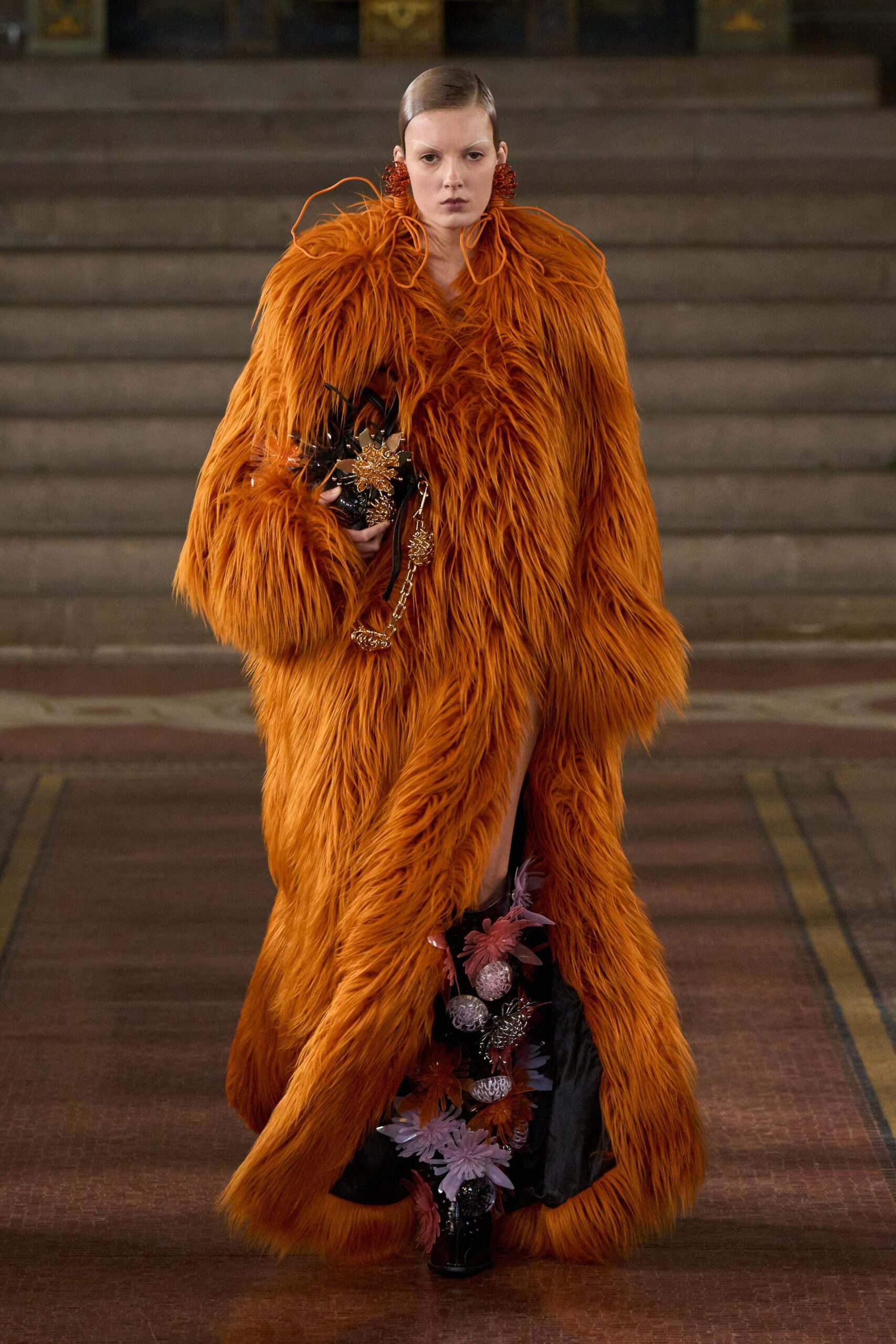 orange fur long-sleeve oversized layered maxi coat