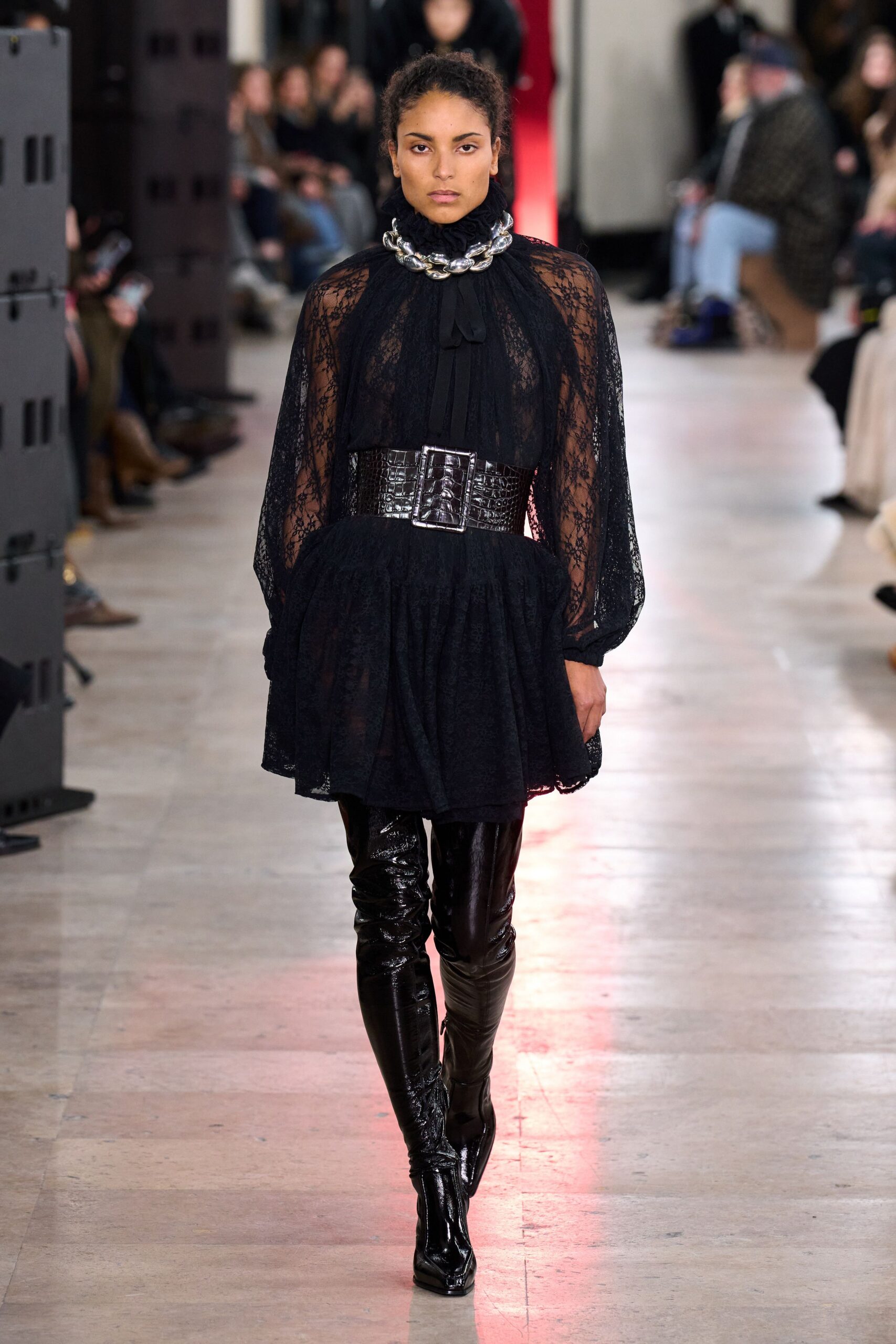 black lace long-sleeve high-neck fitted pleated ruffled dress