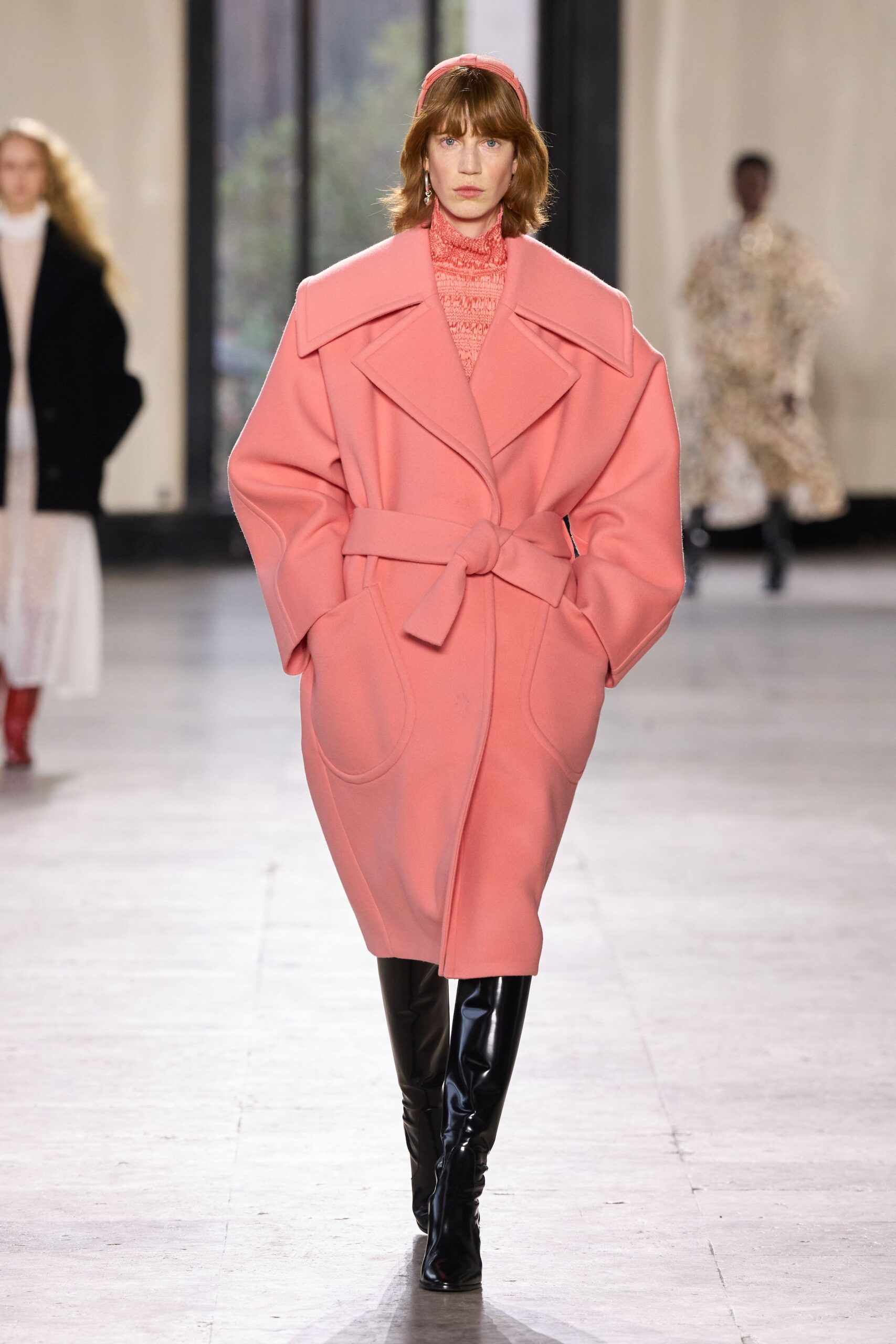 pink wool long-sleeve collared oversized belted coat