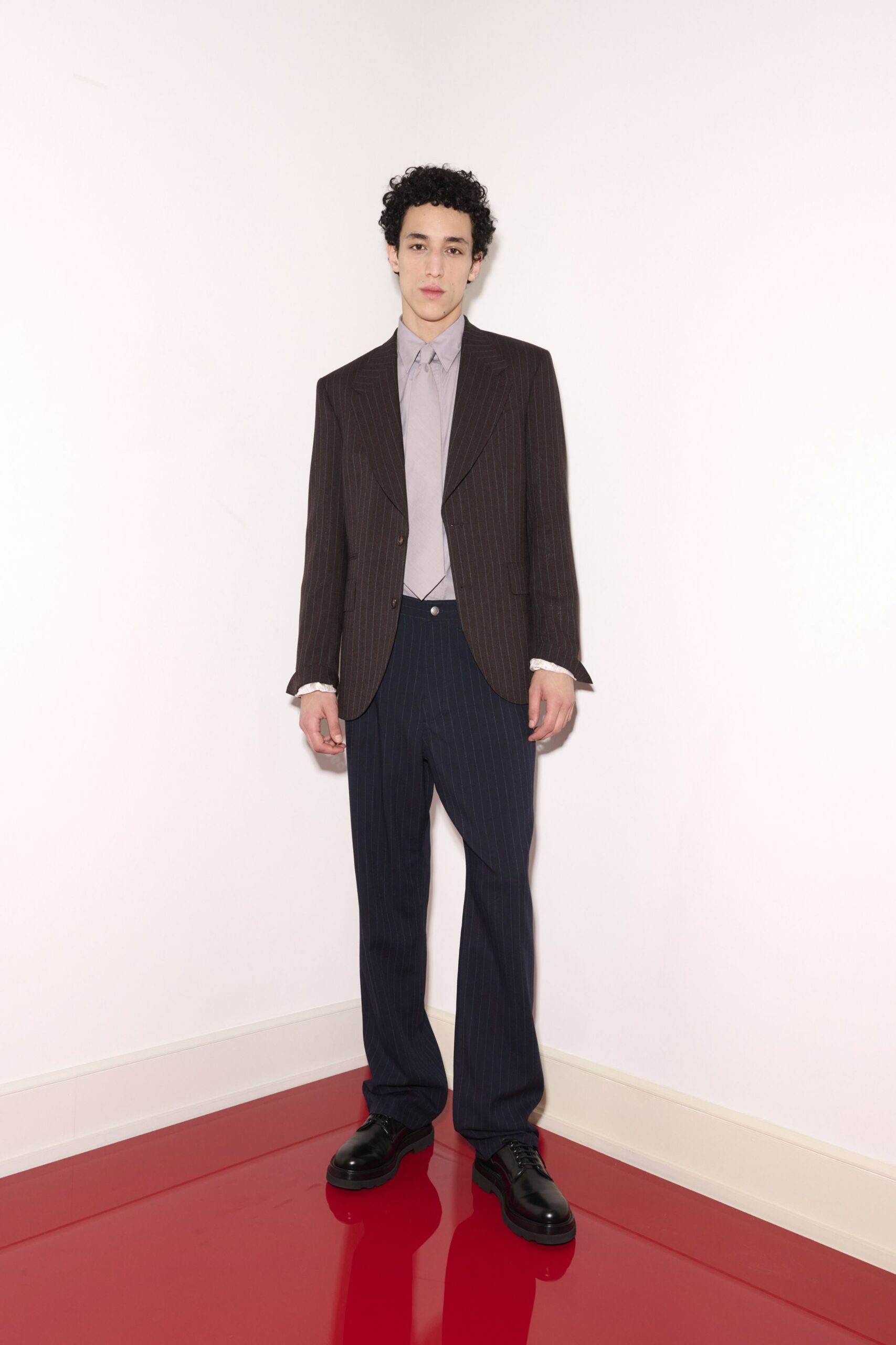 brown cotton long-sleeve collared tailored striped buttoned blazer