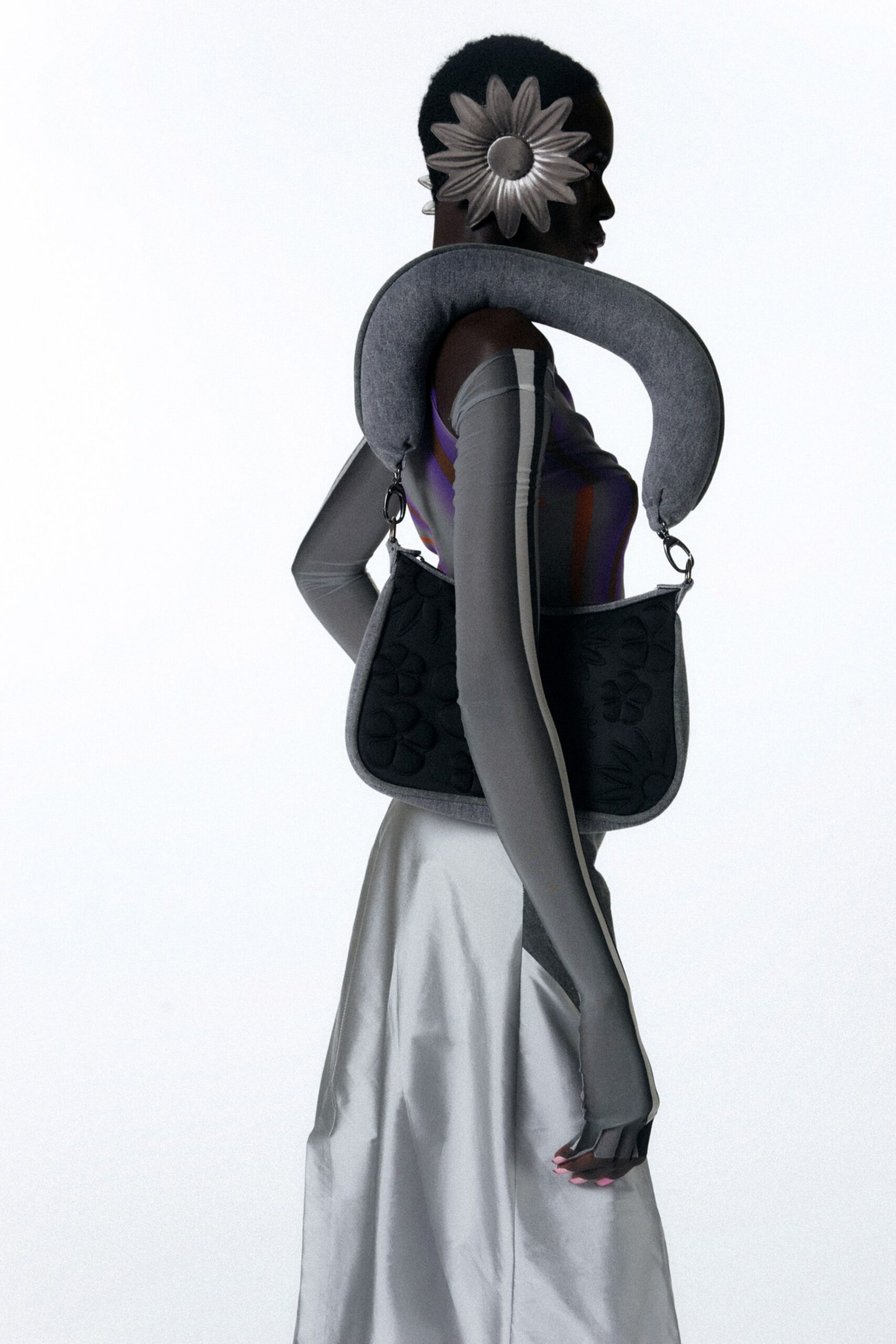 gray satin fitted straight-leg shiny midi skirt