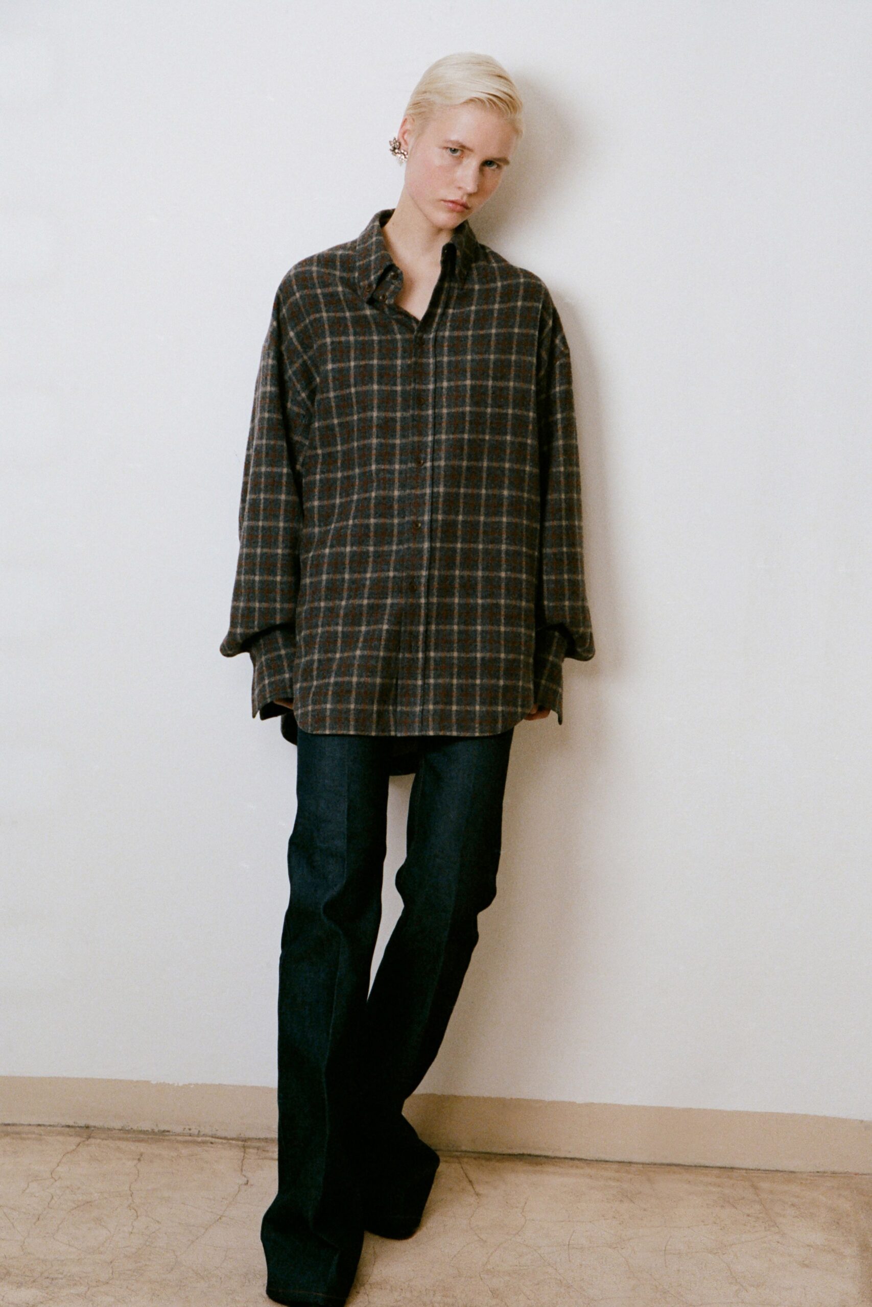 brown cotton long-sleeve collared oversized checked shirt
