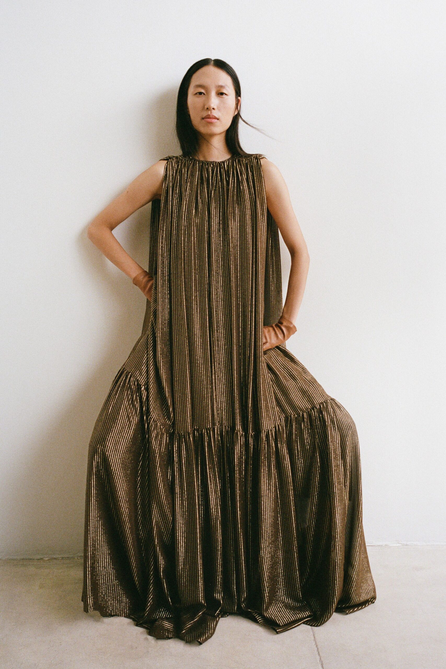 brown gold pleated maxi dress