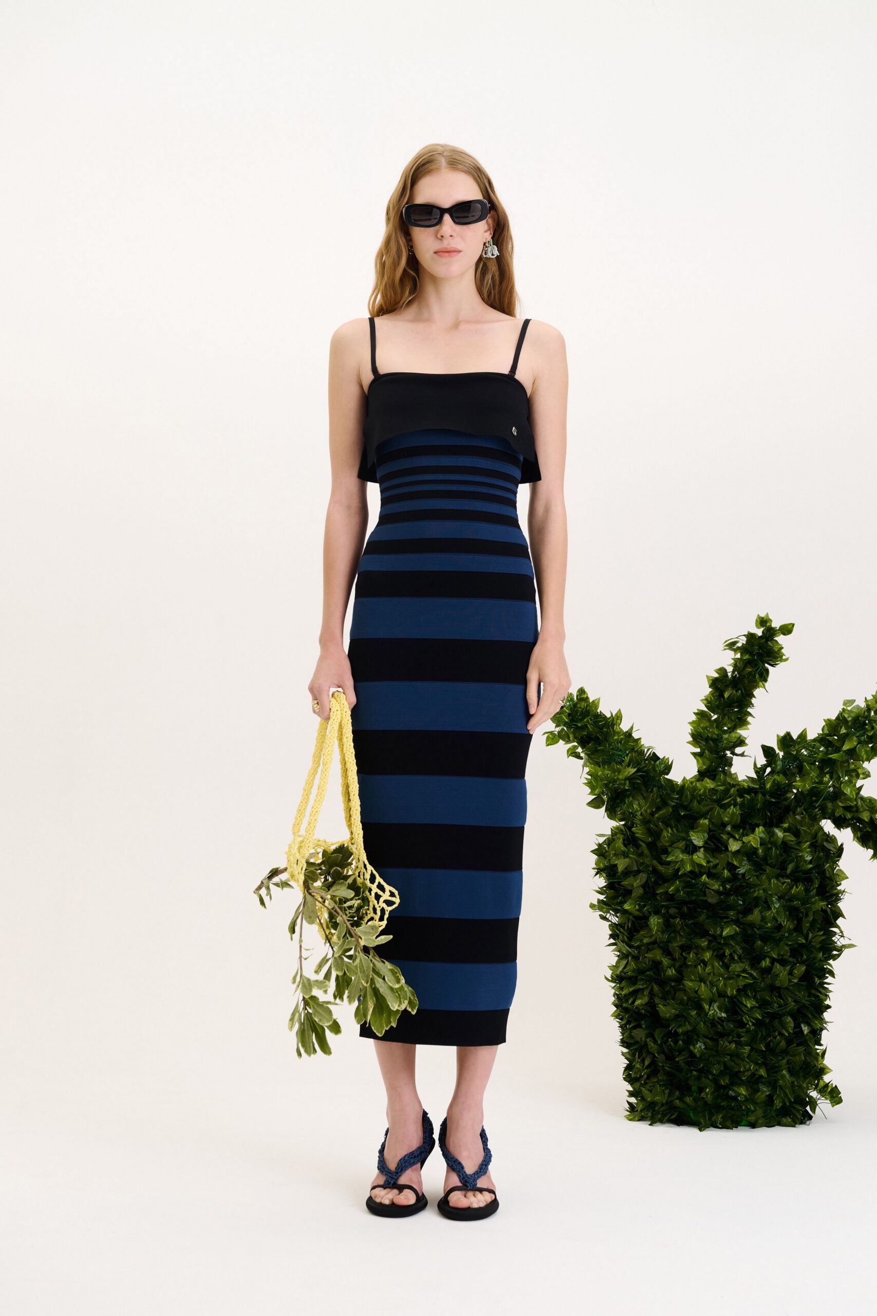 black and blue striped midi dress