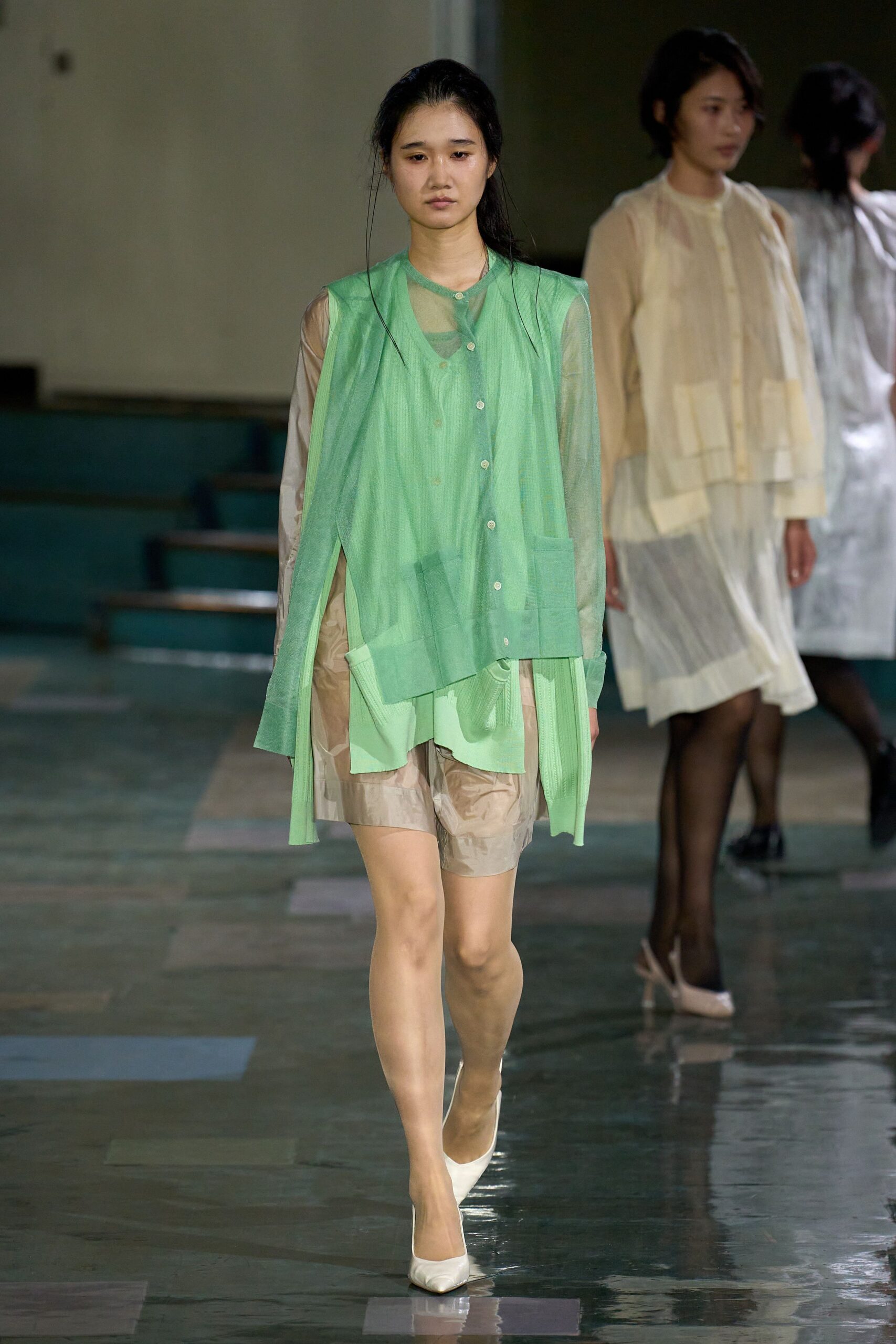 green silk long-sleeve collared relaxed layered sheer top