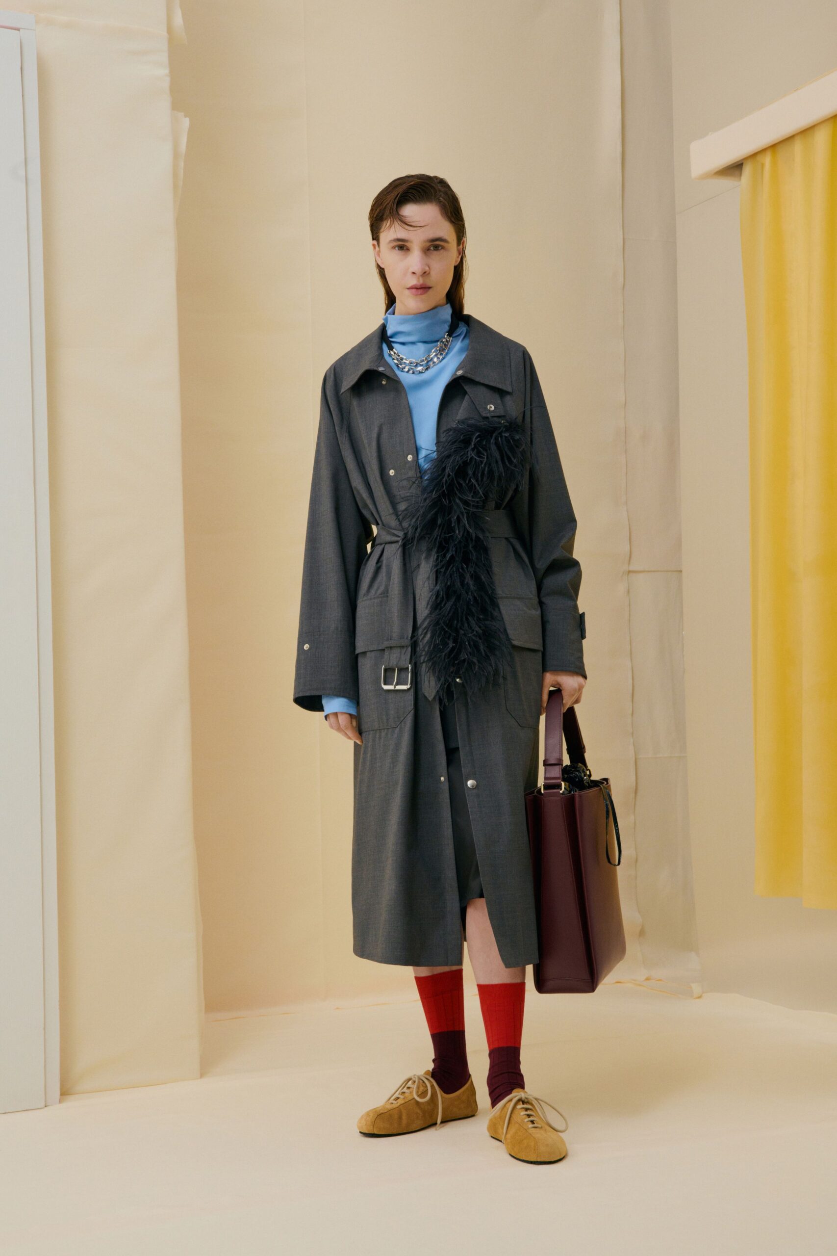 gray cotton long-sleeve collared relaxed belted midi coat