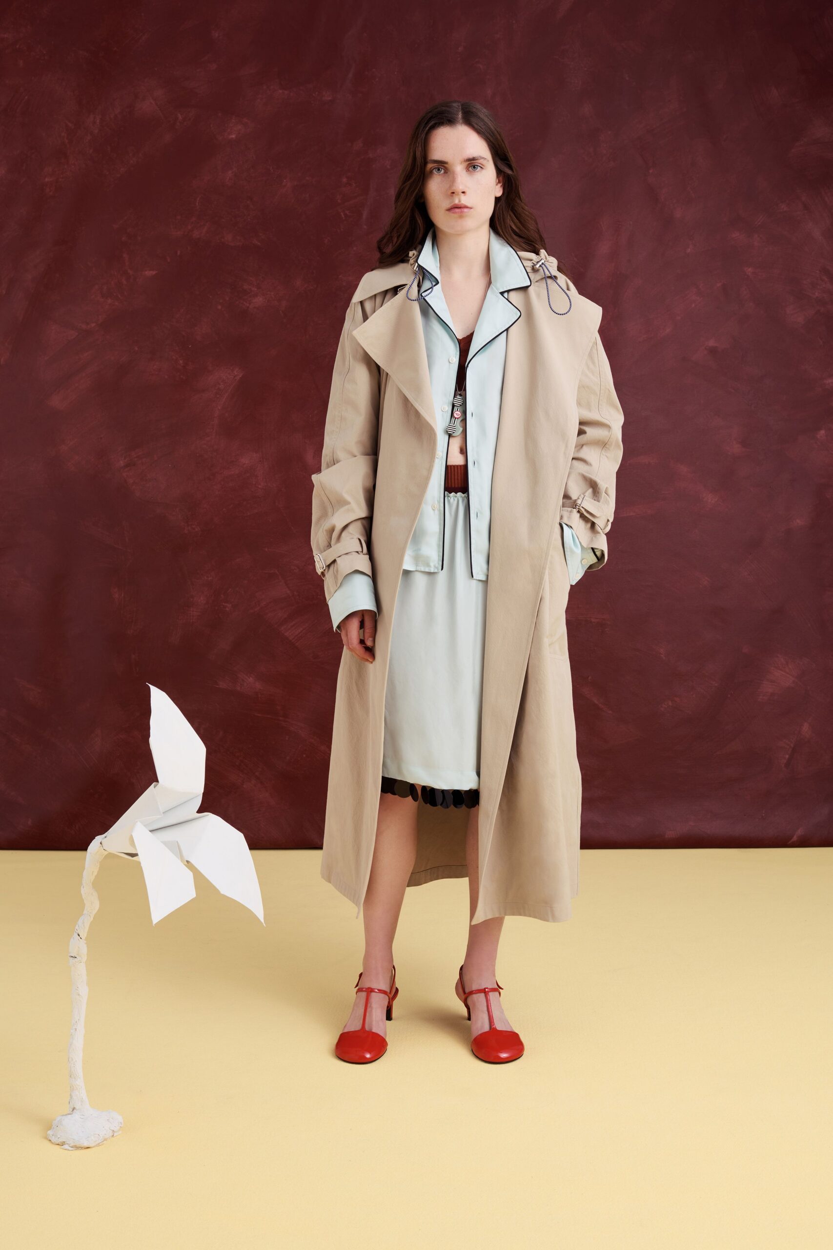 beige cotton long-sleeve collared relaxed buttoned maxi trench
