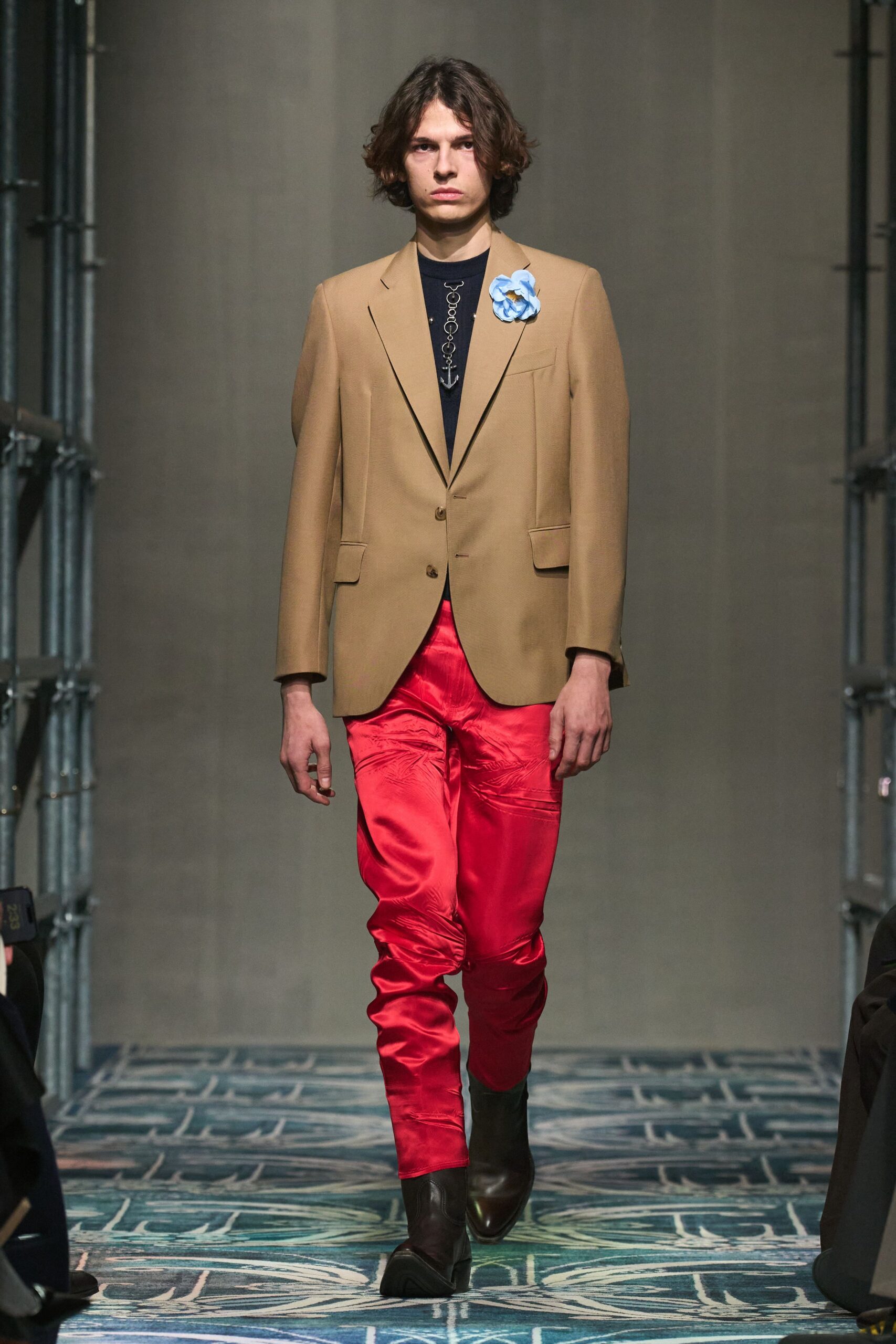 beige tailored blazer red pants