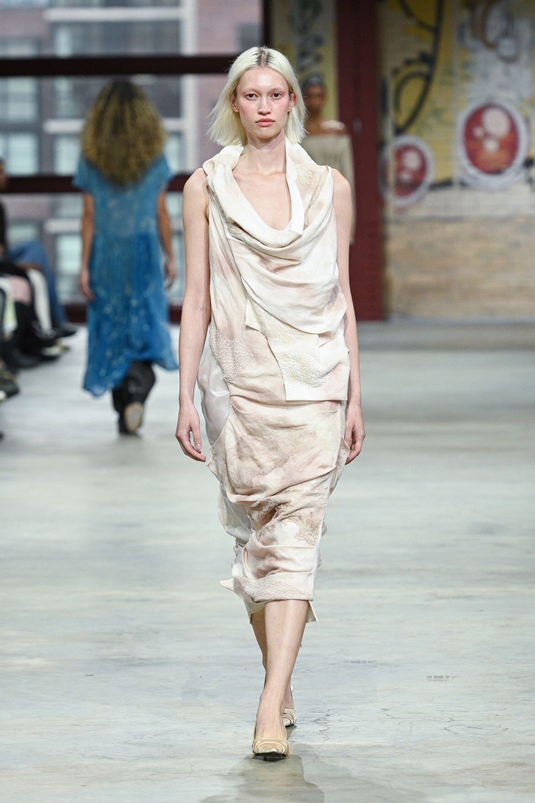 beige silk sleeveless v-neck relaxed draped flowing dress