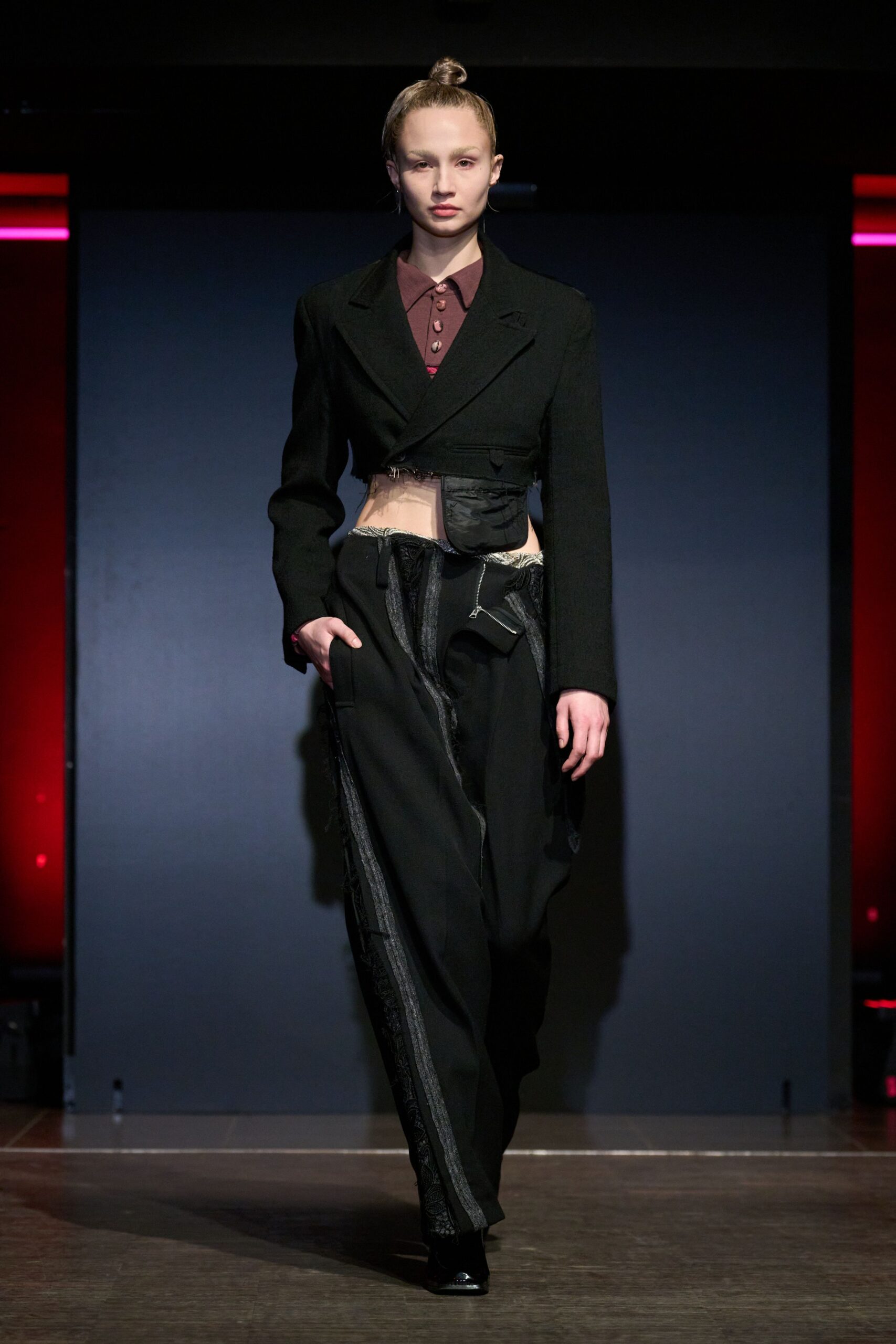 black tailored blazer with brown shirt