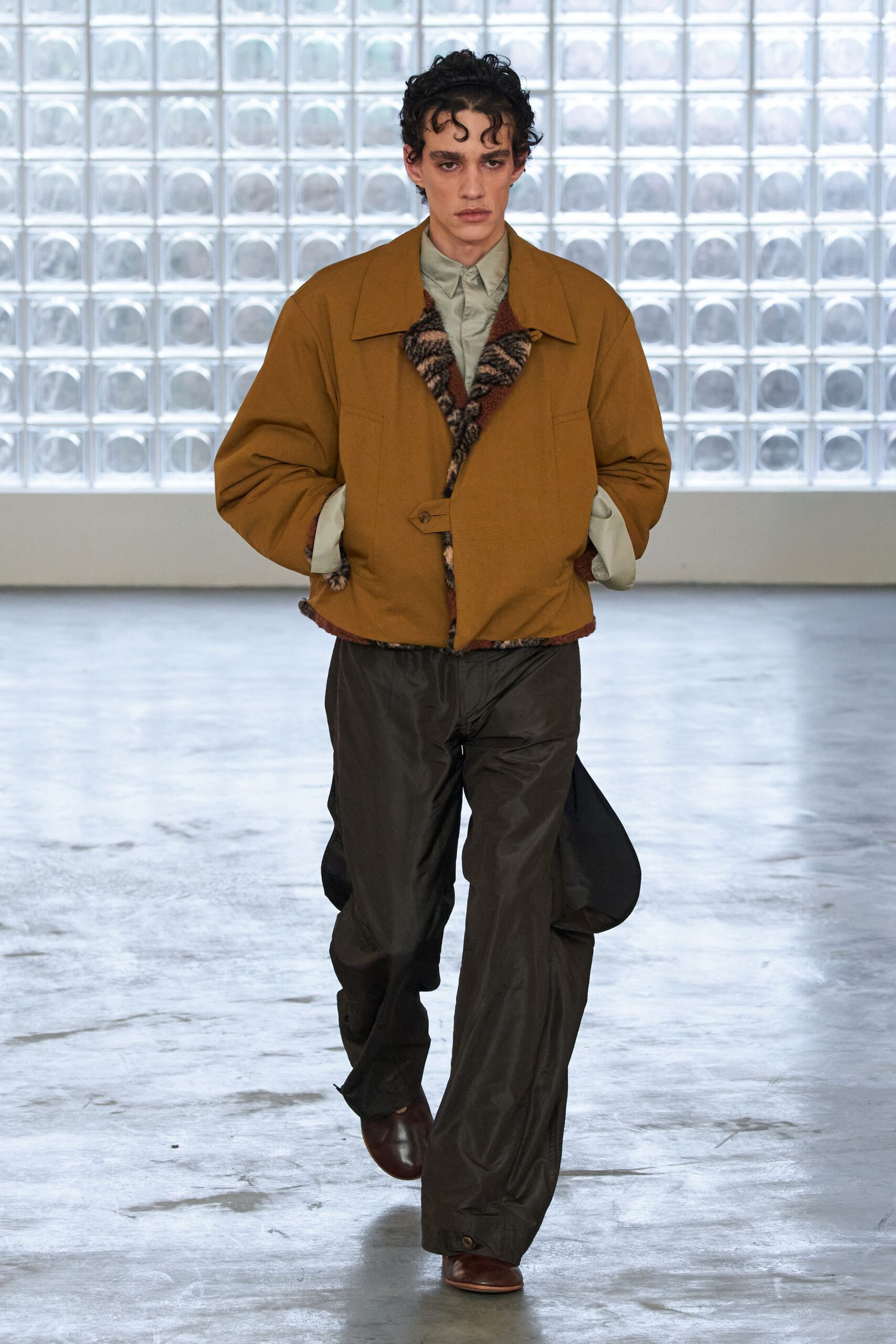 brown relaxed jacket with gray shirt
