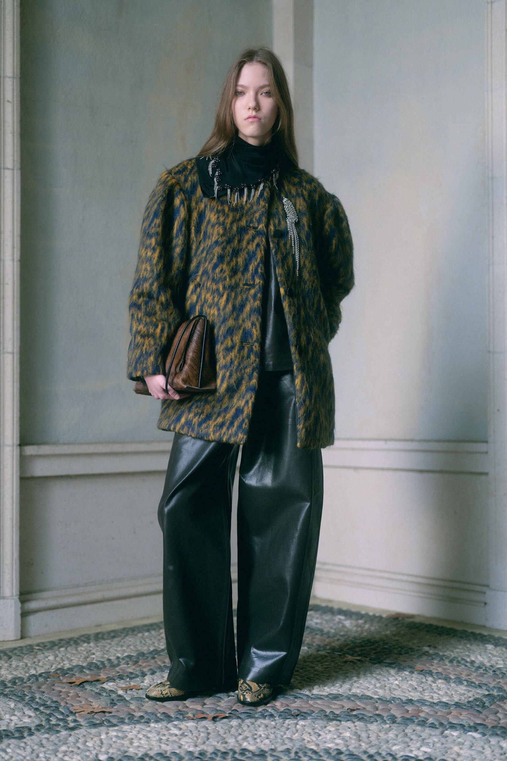 brown fur oversized animal-print coat