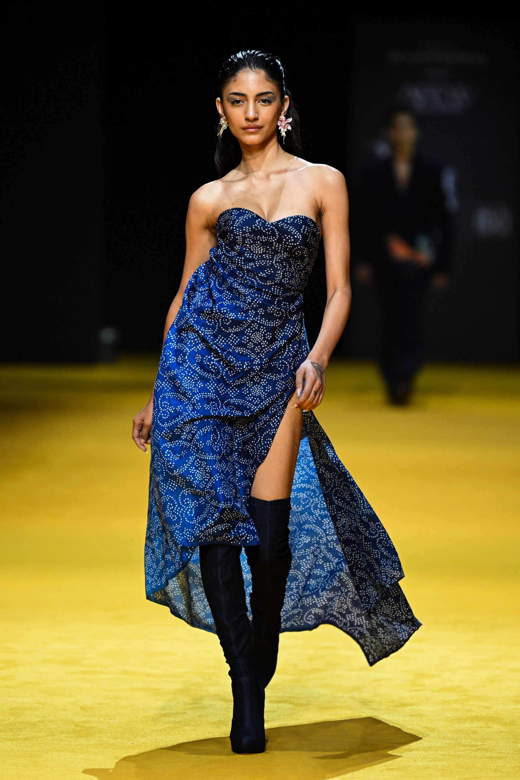 blue silk strapless high-neck fitted flared printed dress