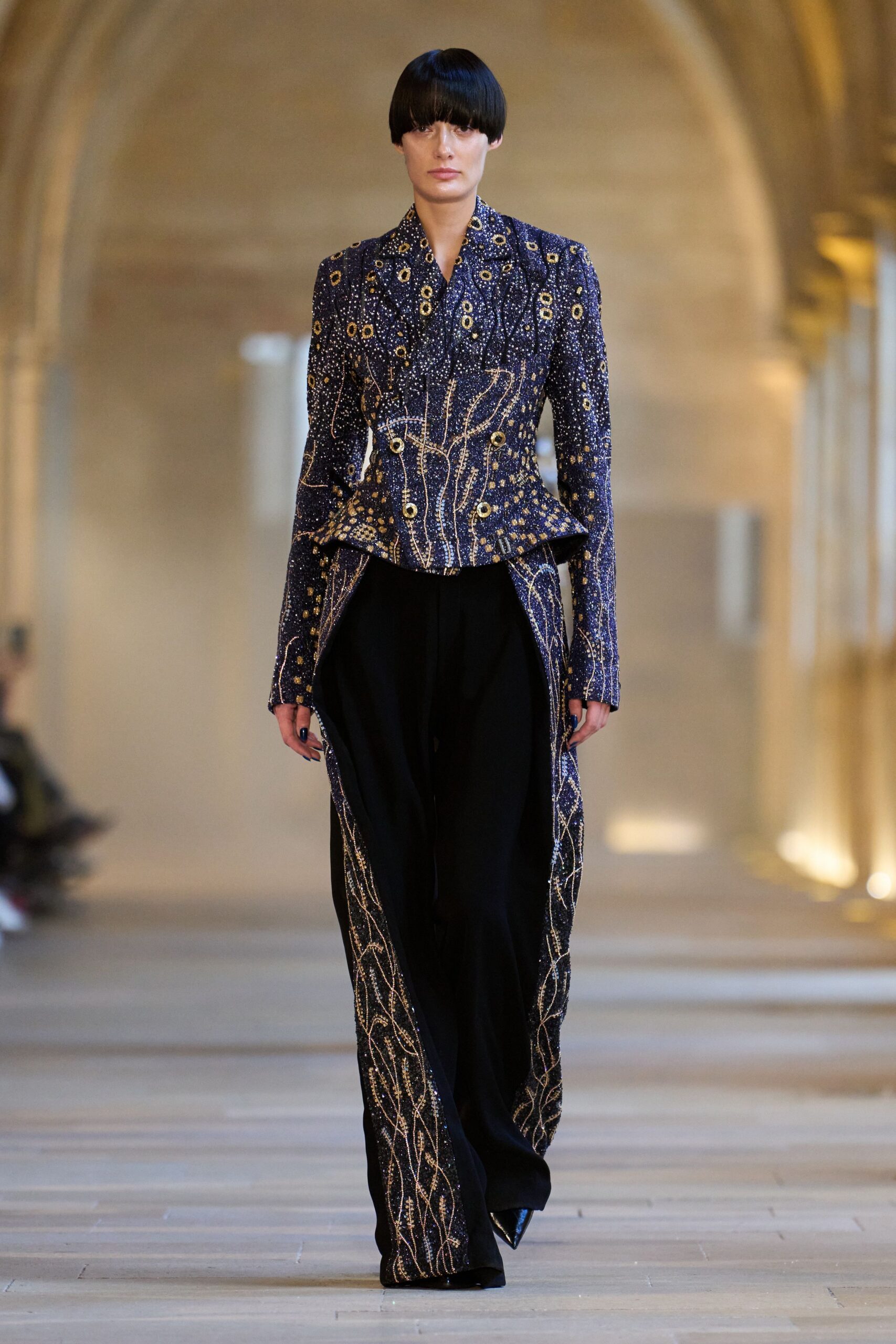 blue silk long-sleeve collared structured embroidered blazer