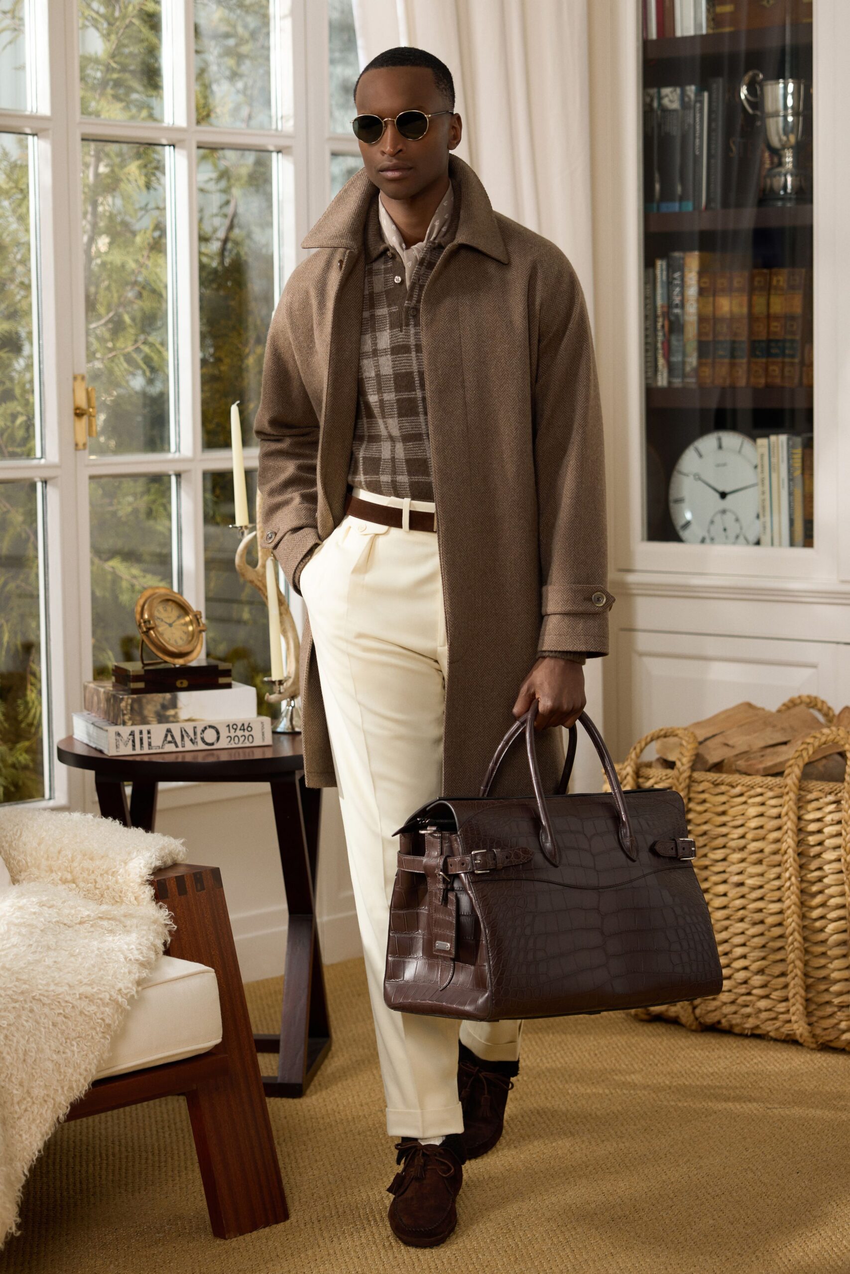 brown wool coat with checked shirt