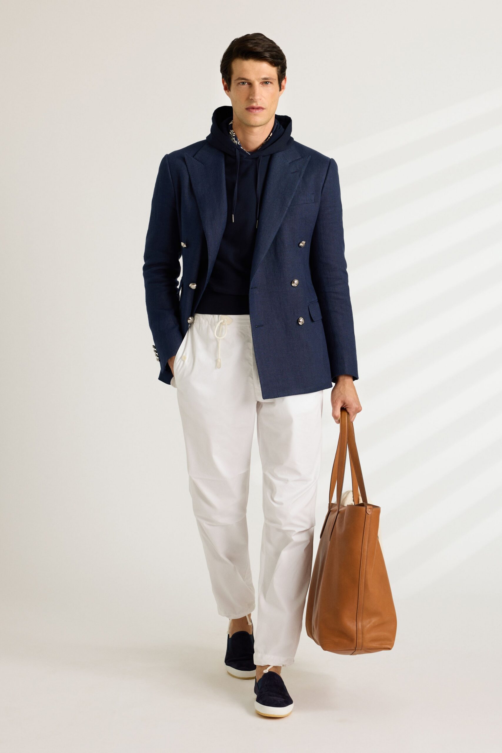 blue blazer with hoodie and white pants