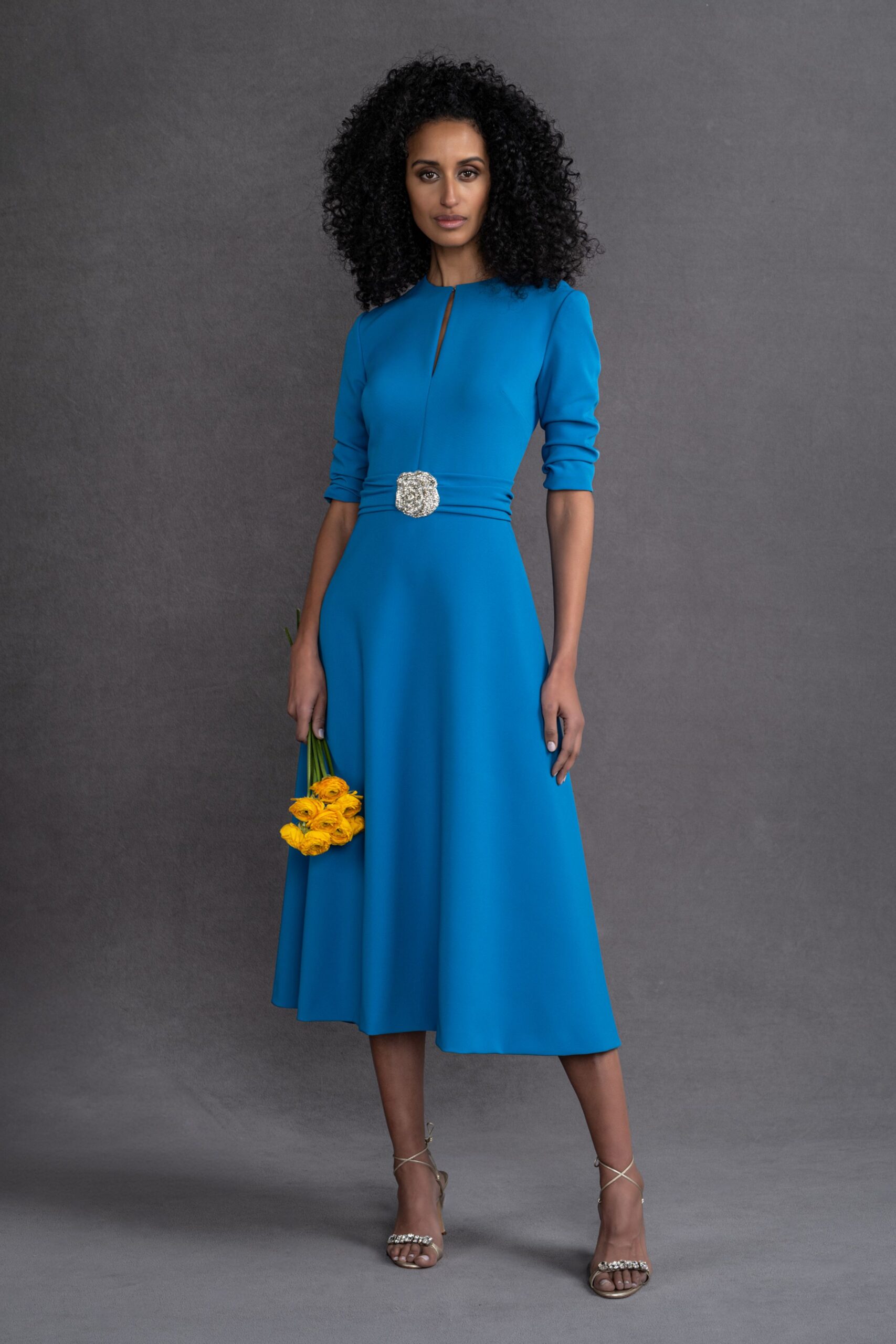 blue cotton long-sleeve collared fitted belted zippered dress