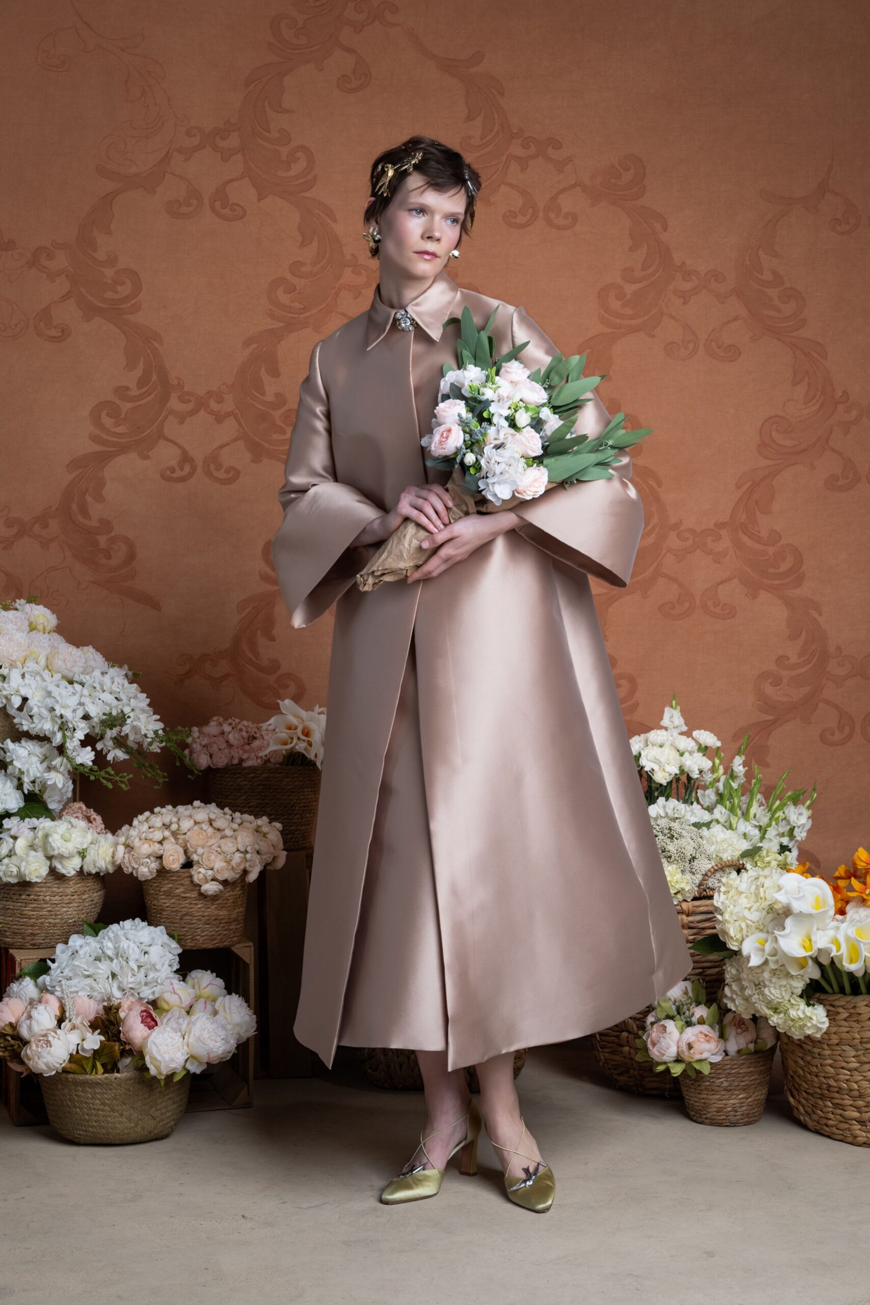 beige satin long-sleeve collared relaxed layered shiny coat