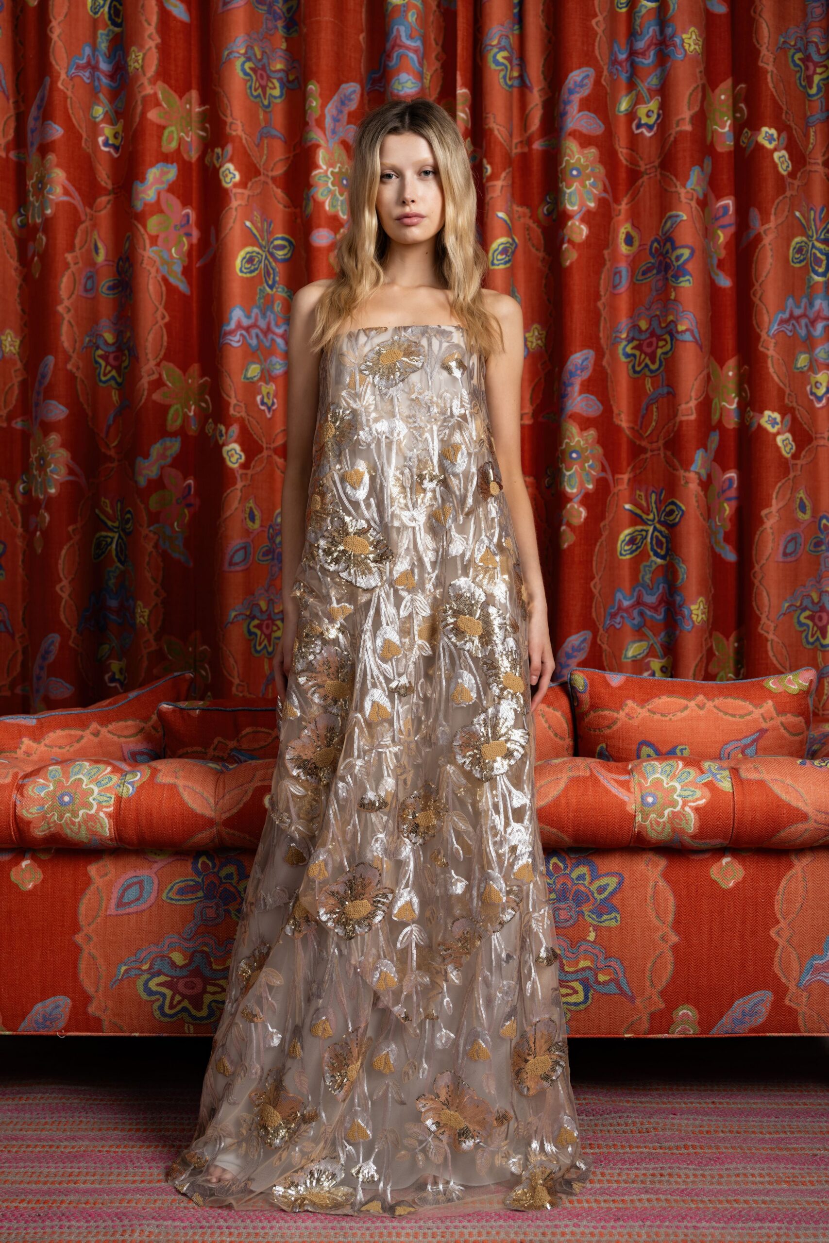 gold sheer embroidered gown