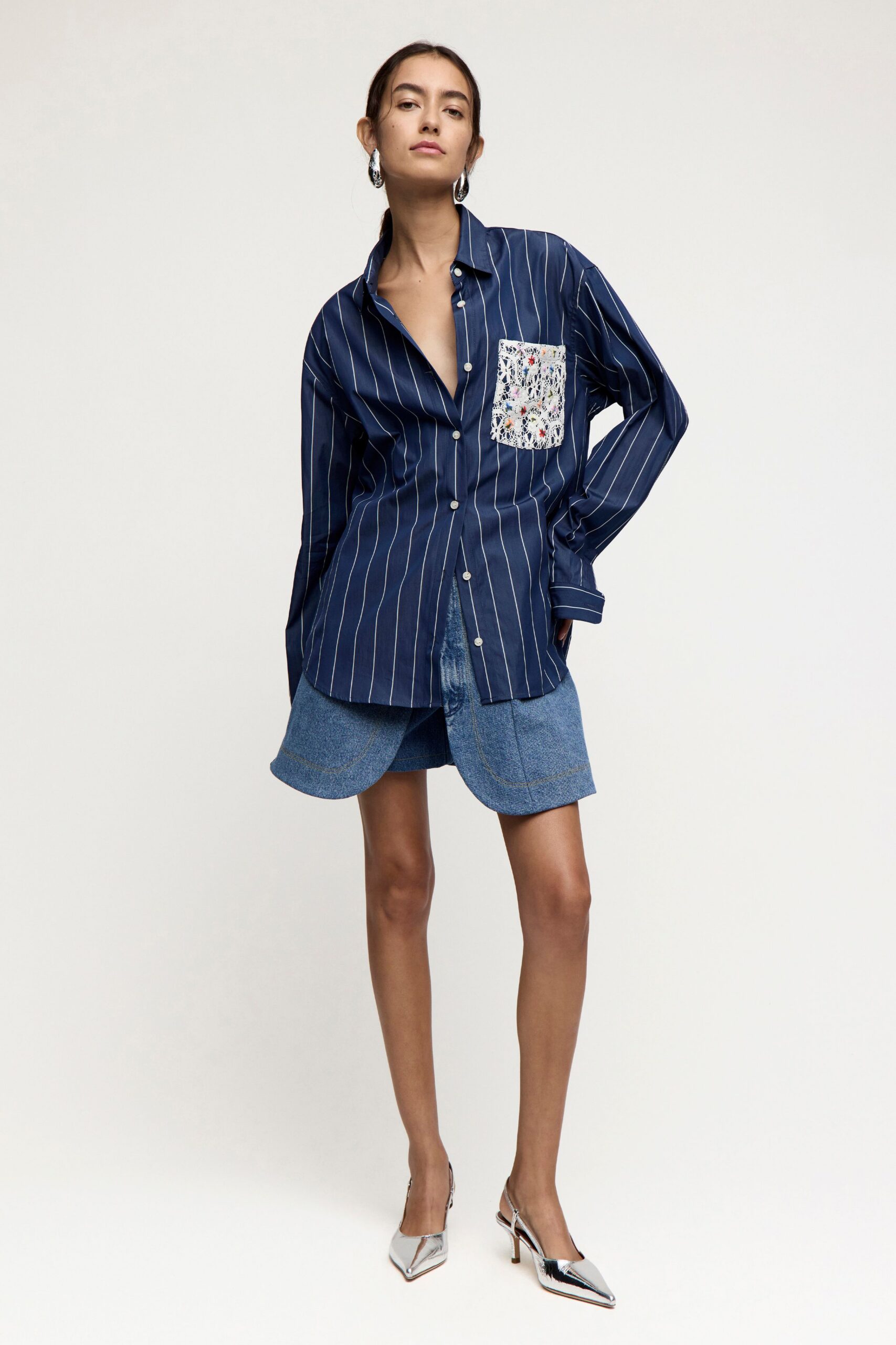blue denim asymmetric fitted skirt