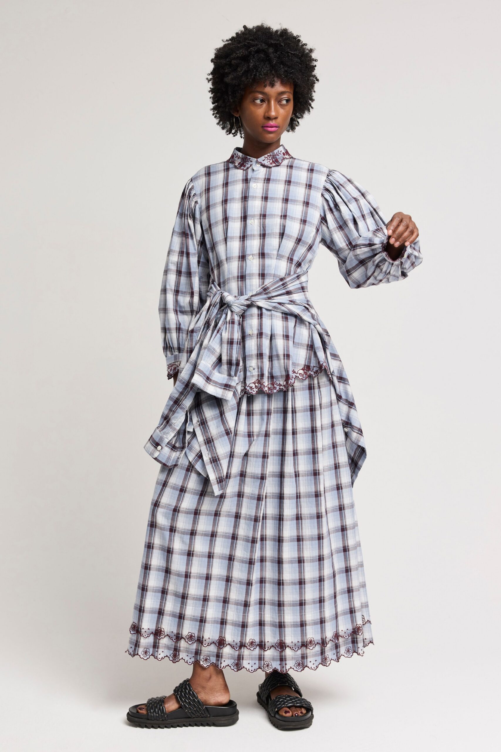 blue cotton long-sleeve collared relaxed checked tiered dress