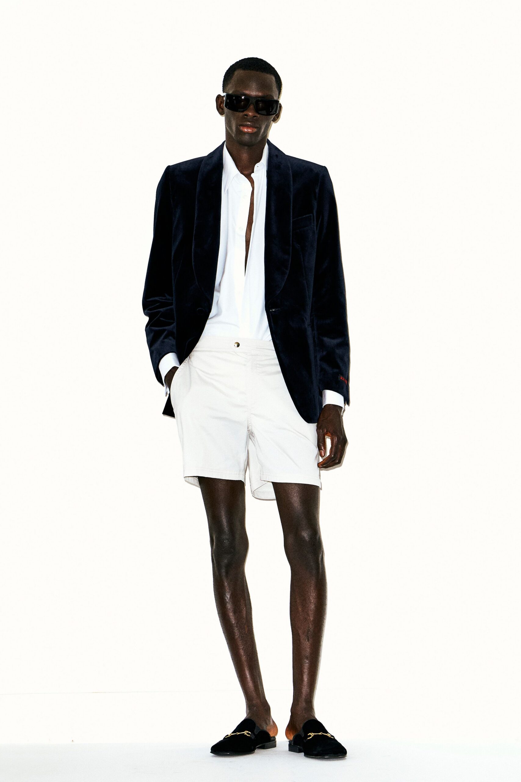 blue velvet blazer with shorts