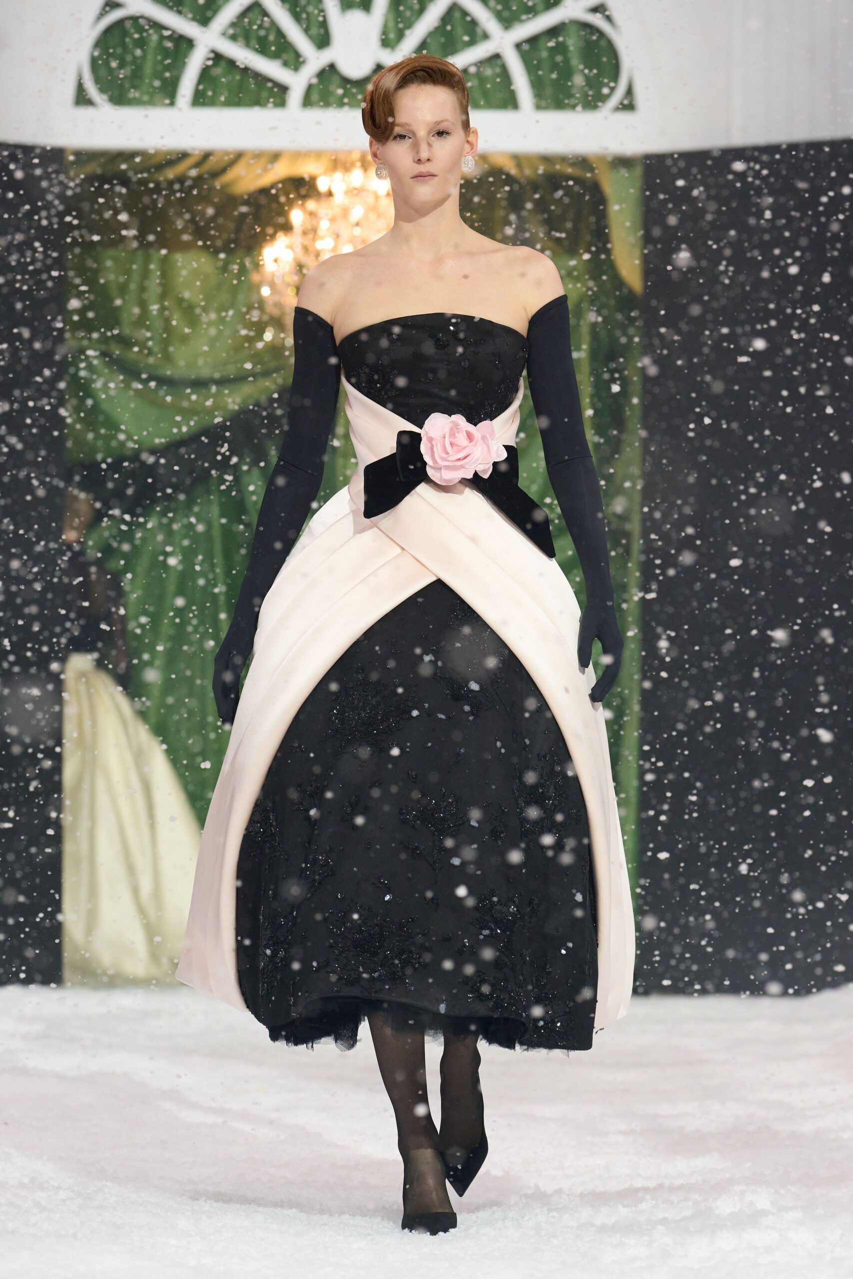 black and pink strapless gown
