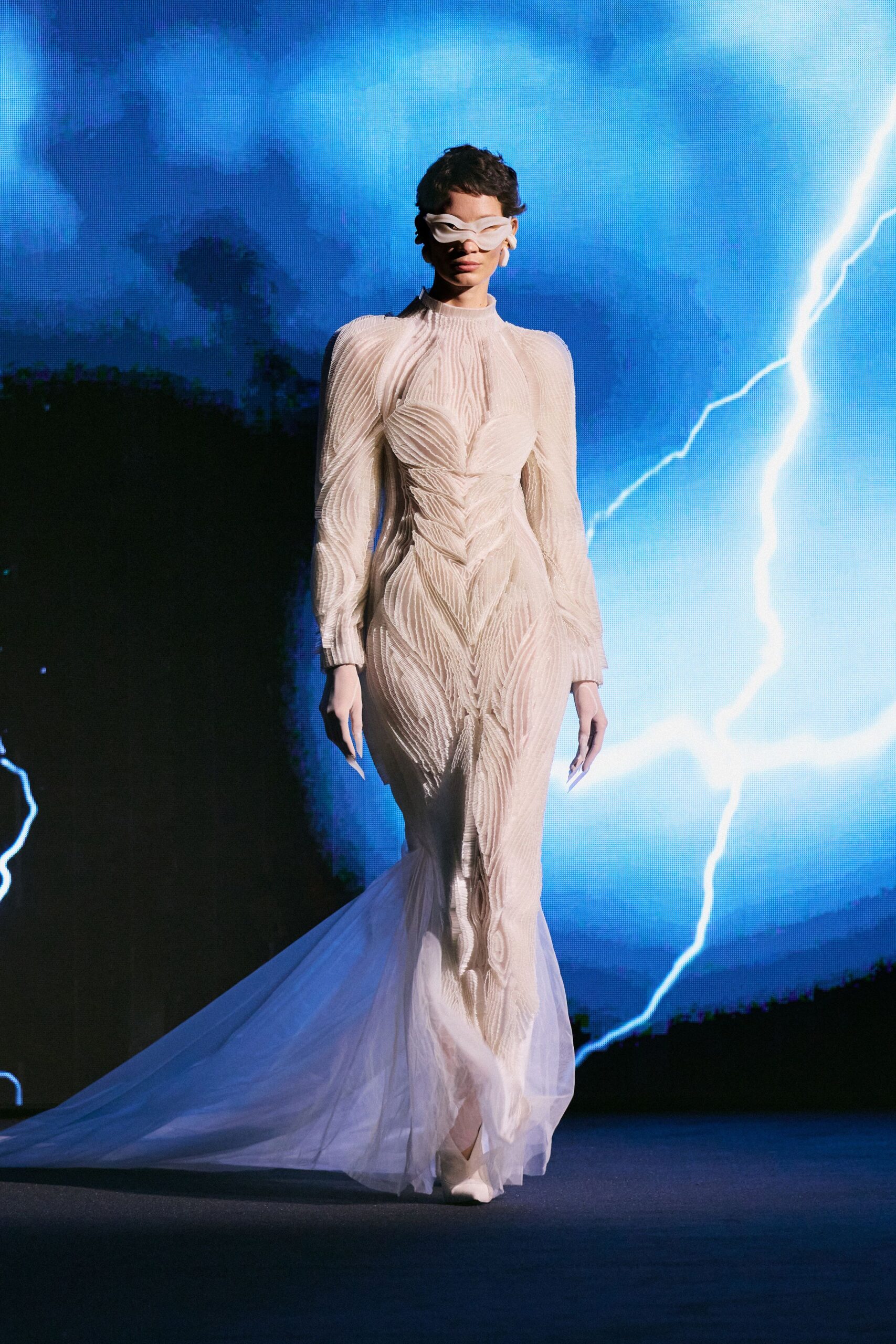white silk long-sleeve high-neck fitted pleated layered gown
