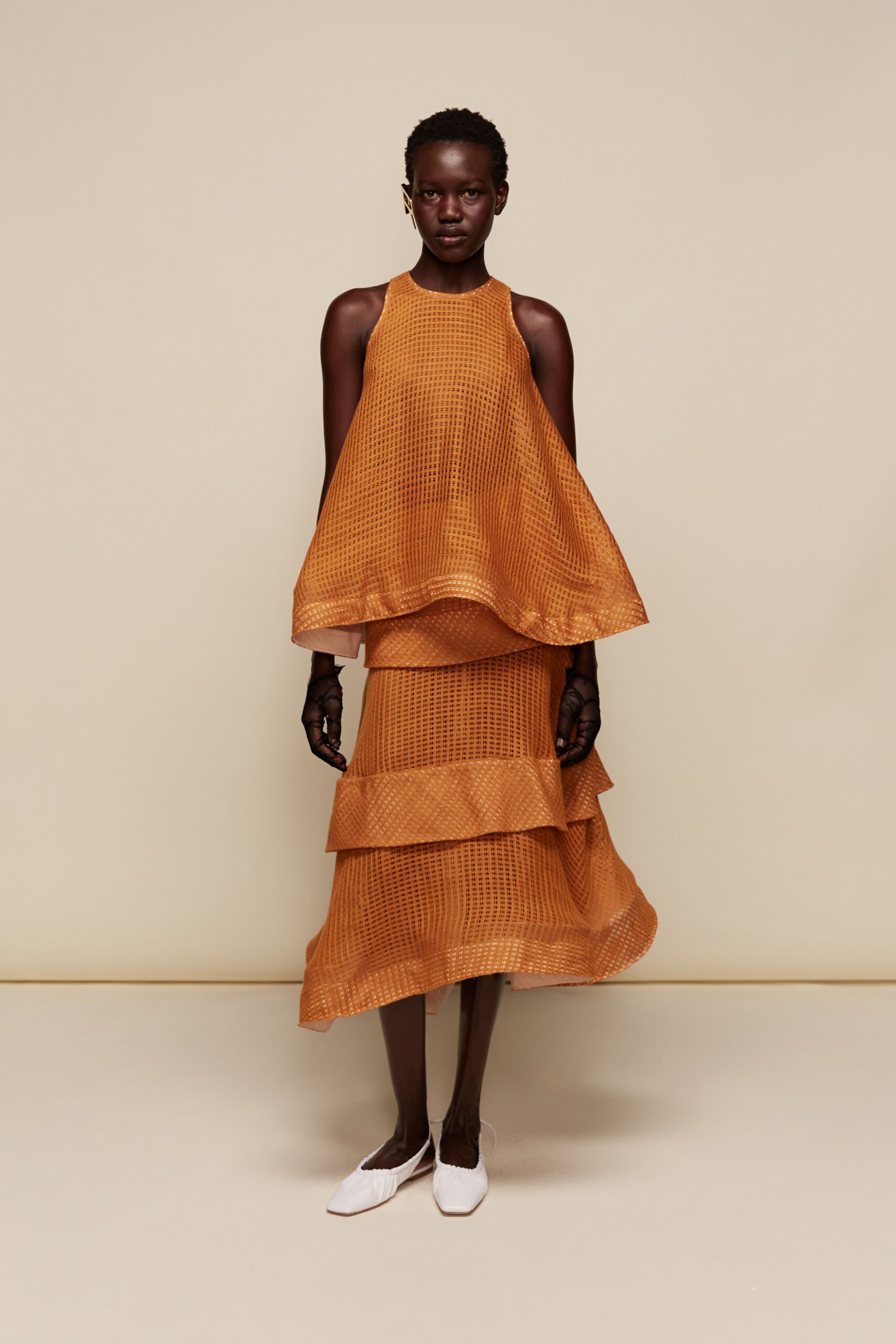orange cotton fitted tiered midi skirt