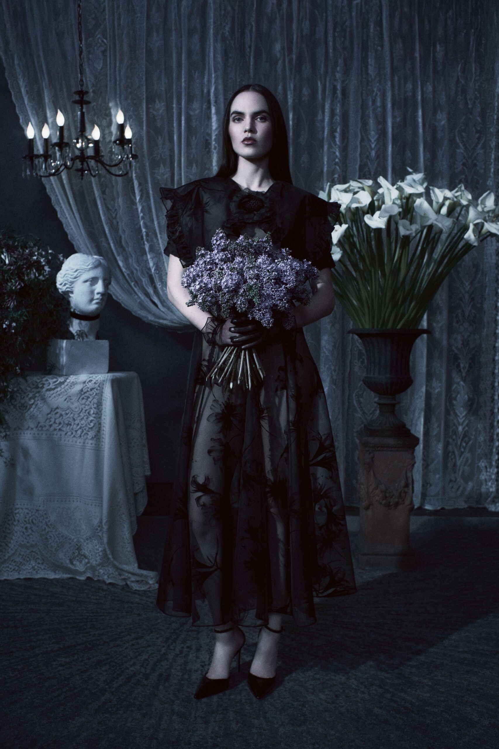 black silk short-sleeve v-neck fitted floral layered dress