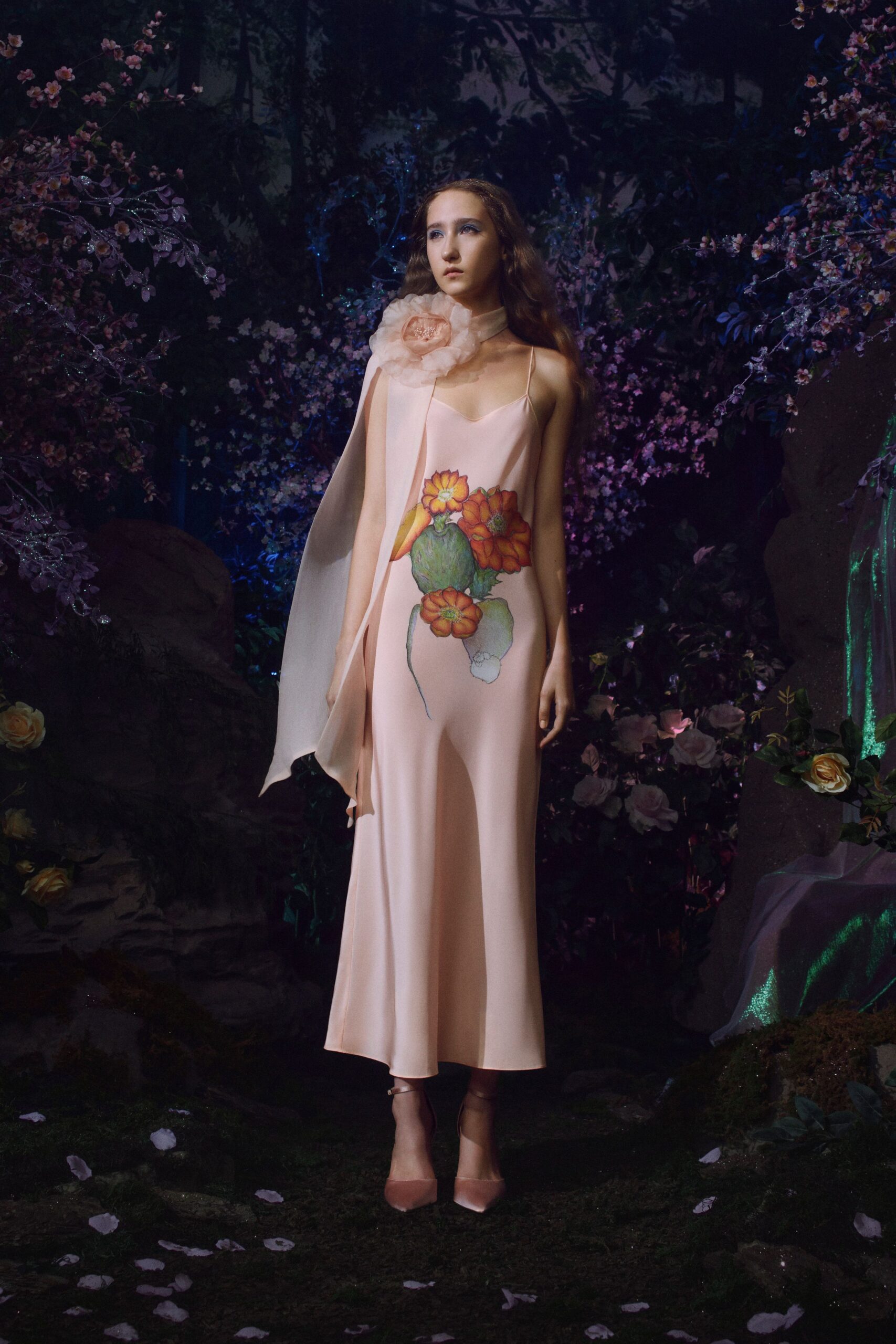 pink silk sleeveless v-neck fitted floral draped dress