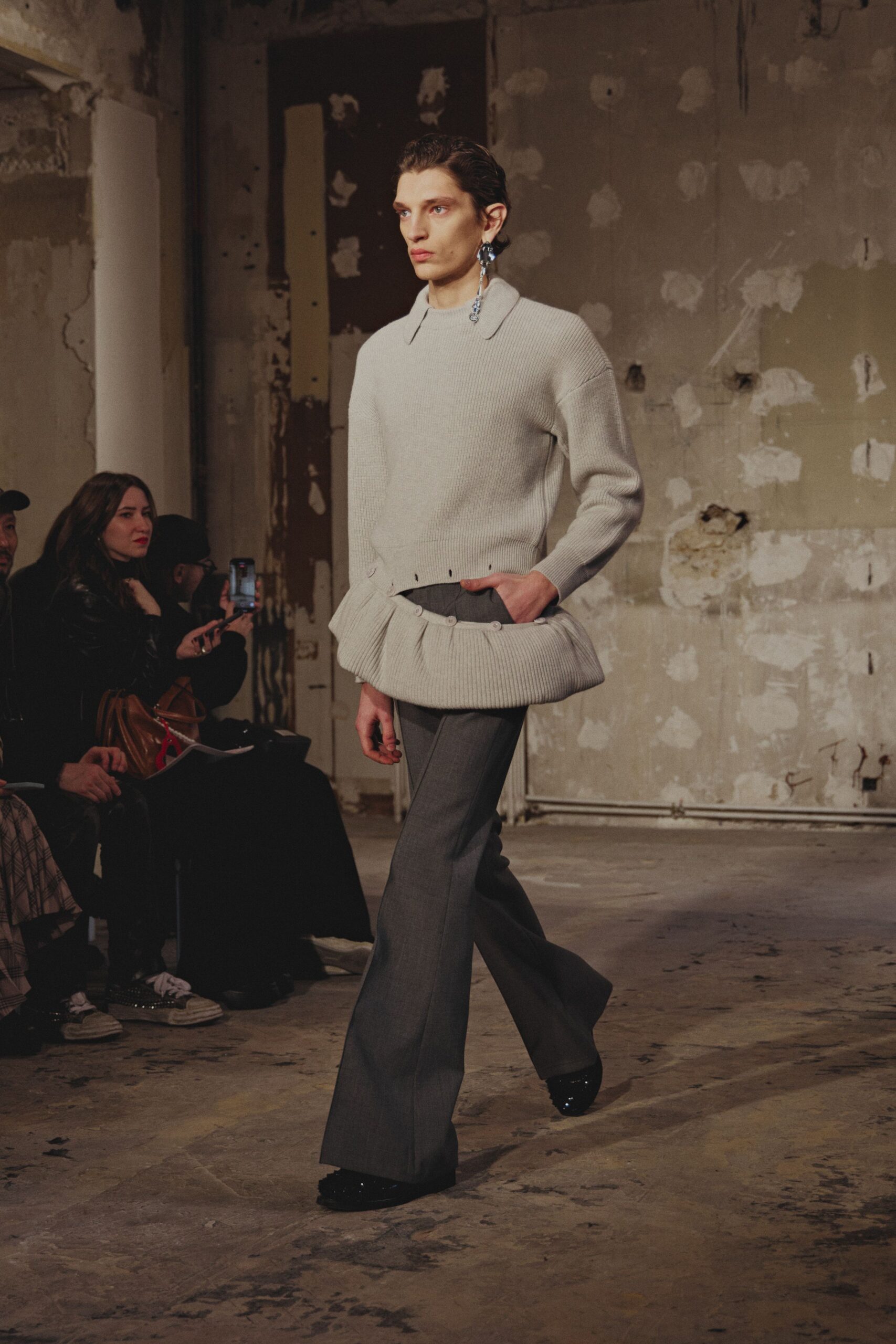 gray wool long-sleeve high-neck fitted pleated top