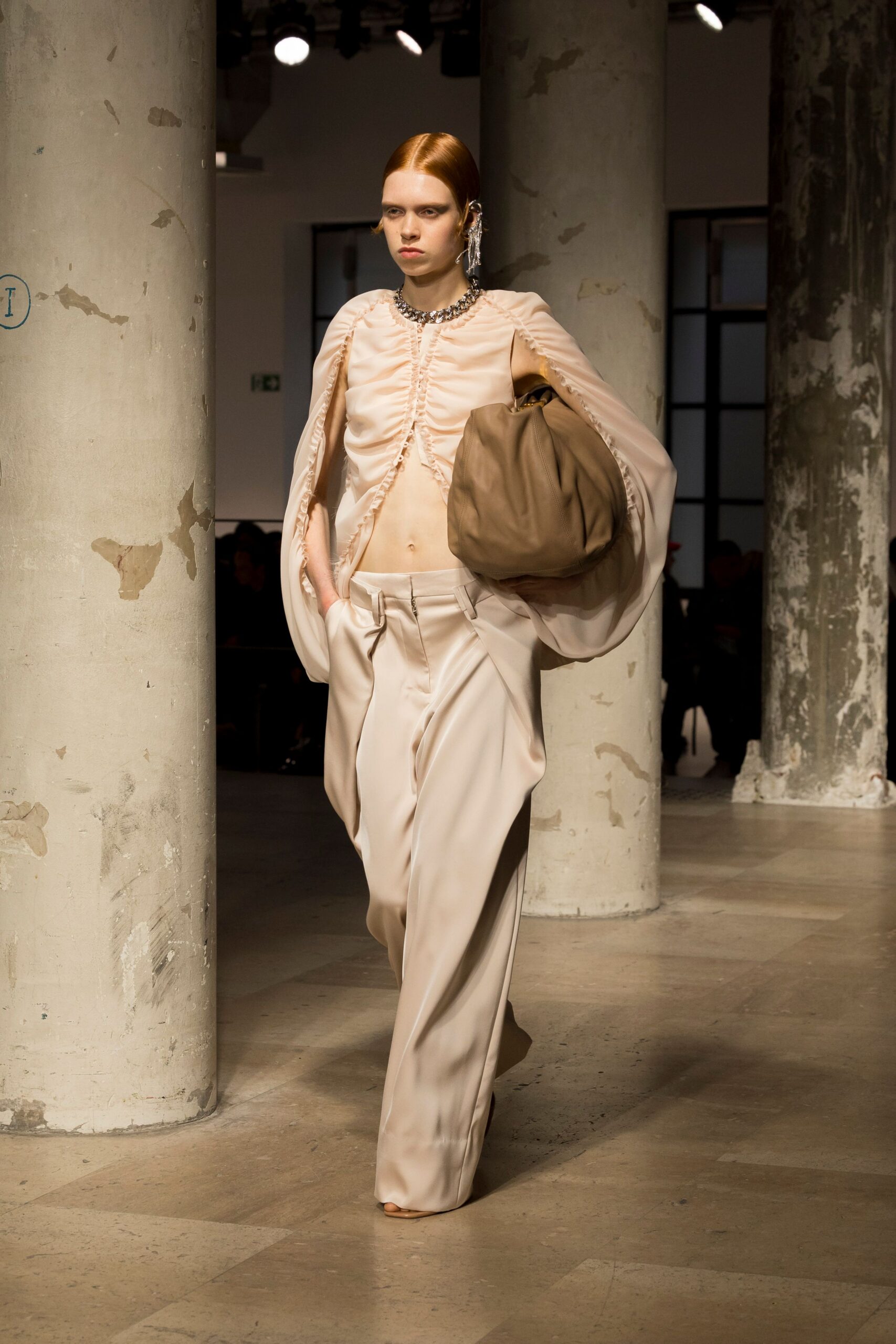 beige silk long-sleeve v-neck fitted draped top