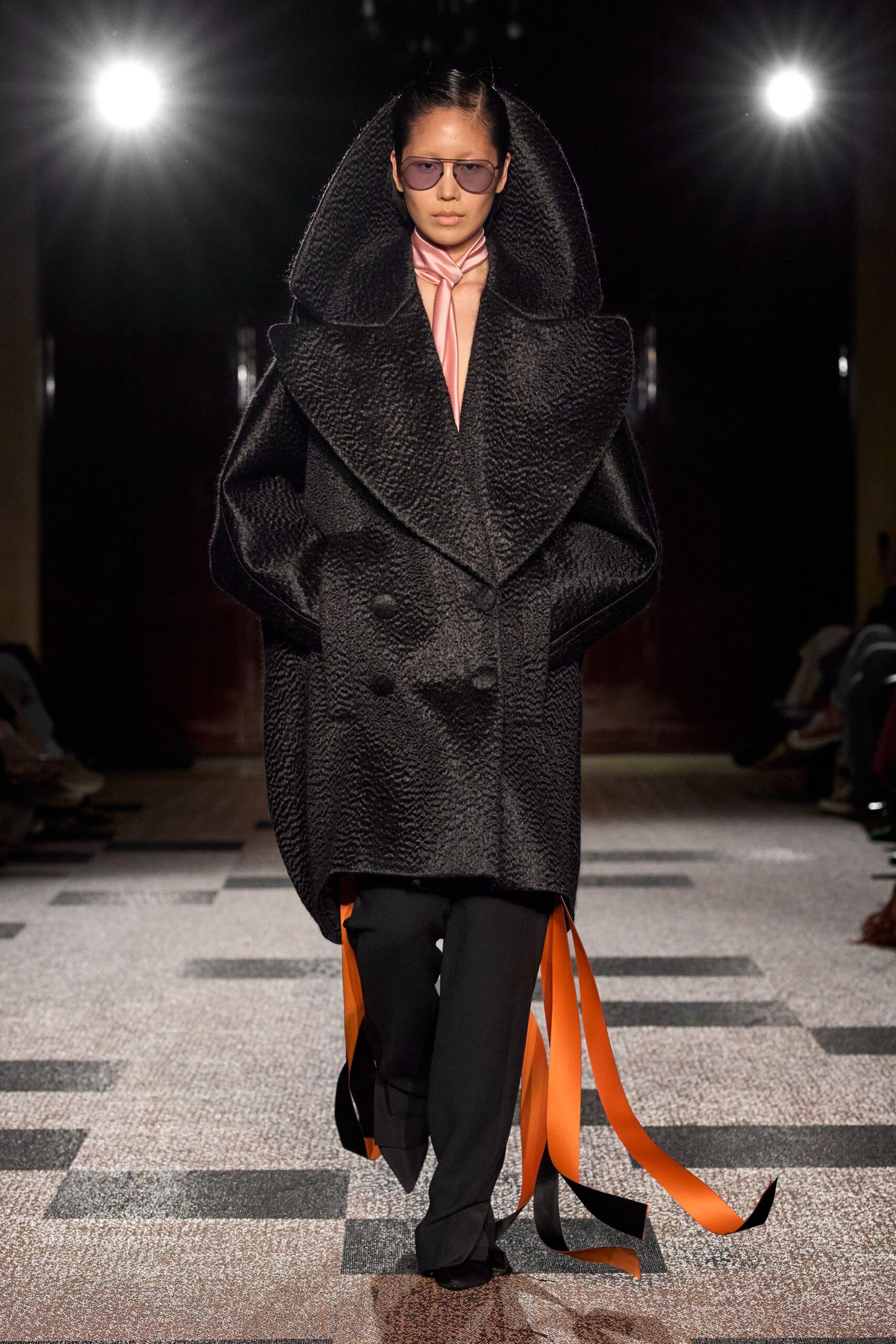 black wool long-sleeve collared oversized textured coat