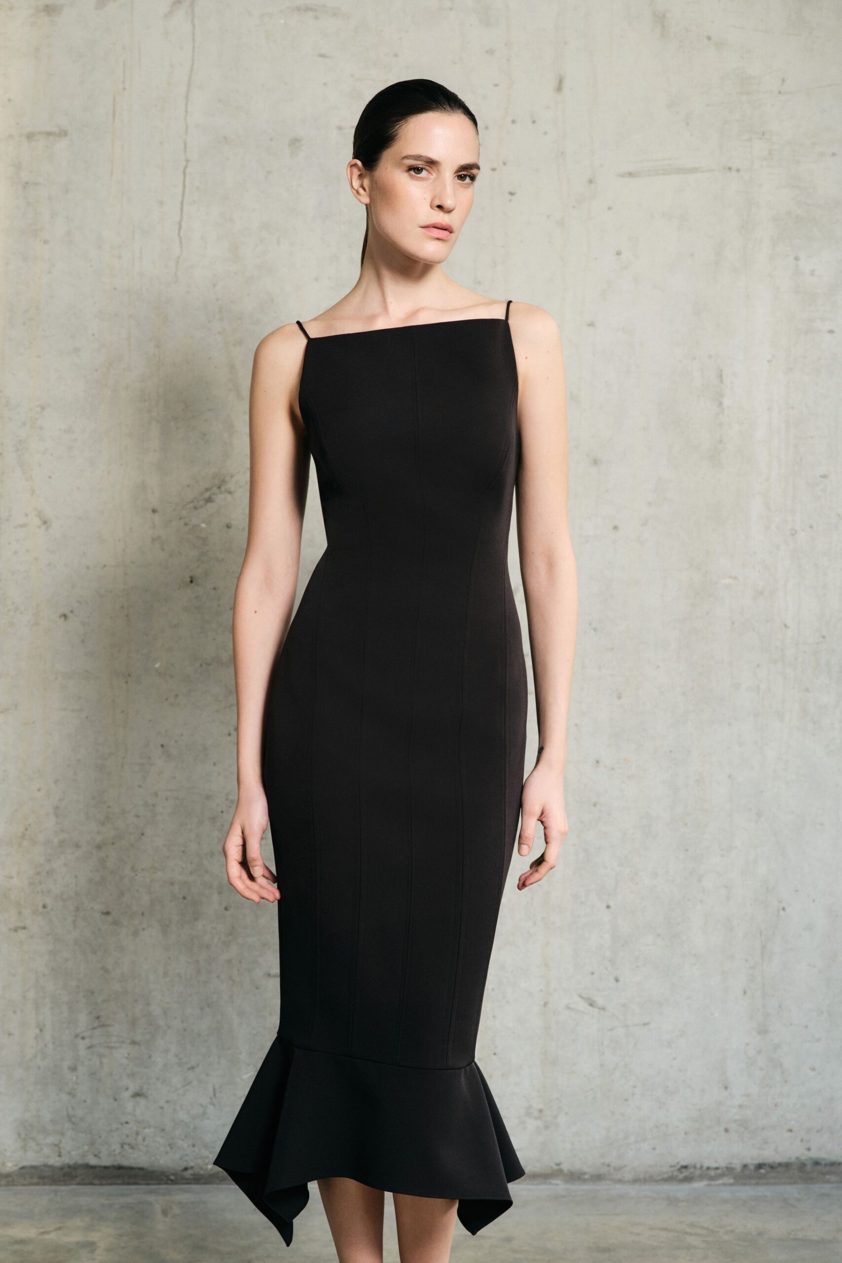 black fitted midi dress