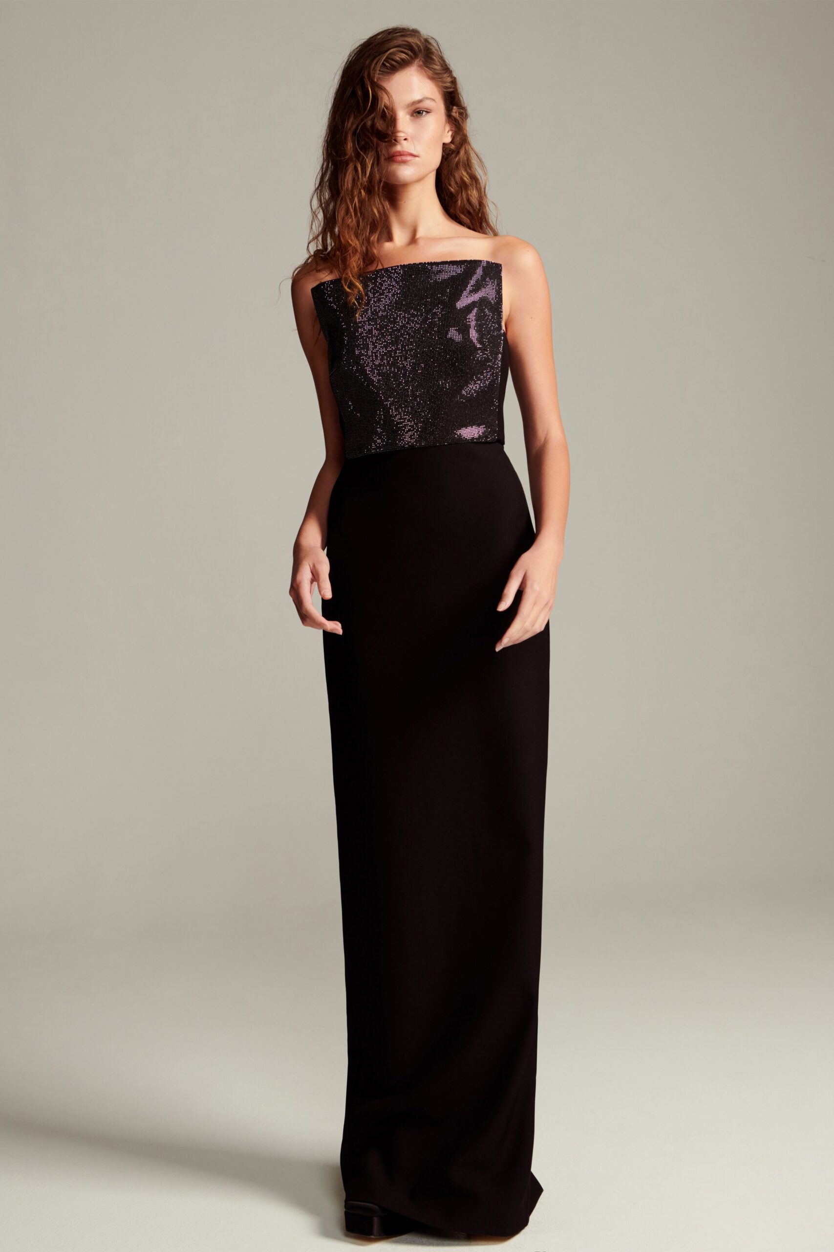 black and purple sequin gown