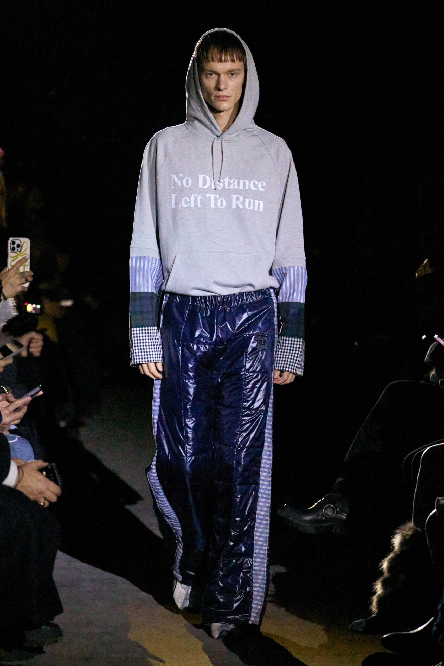 gray hoodie with blue pants