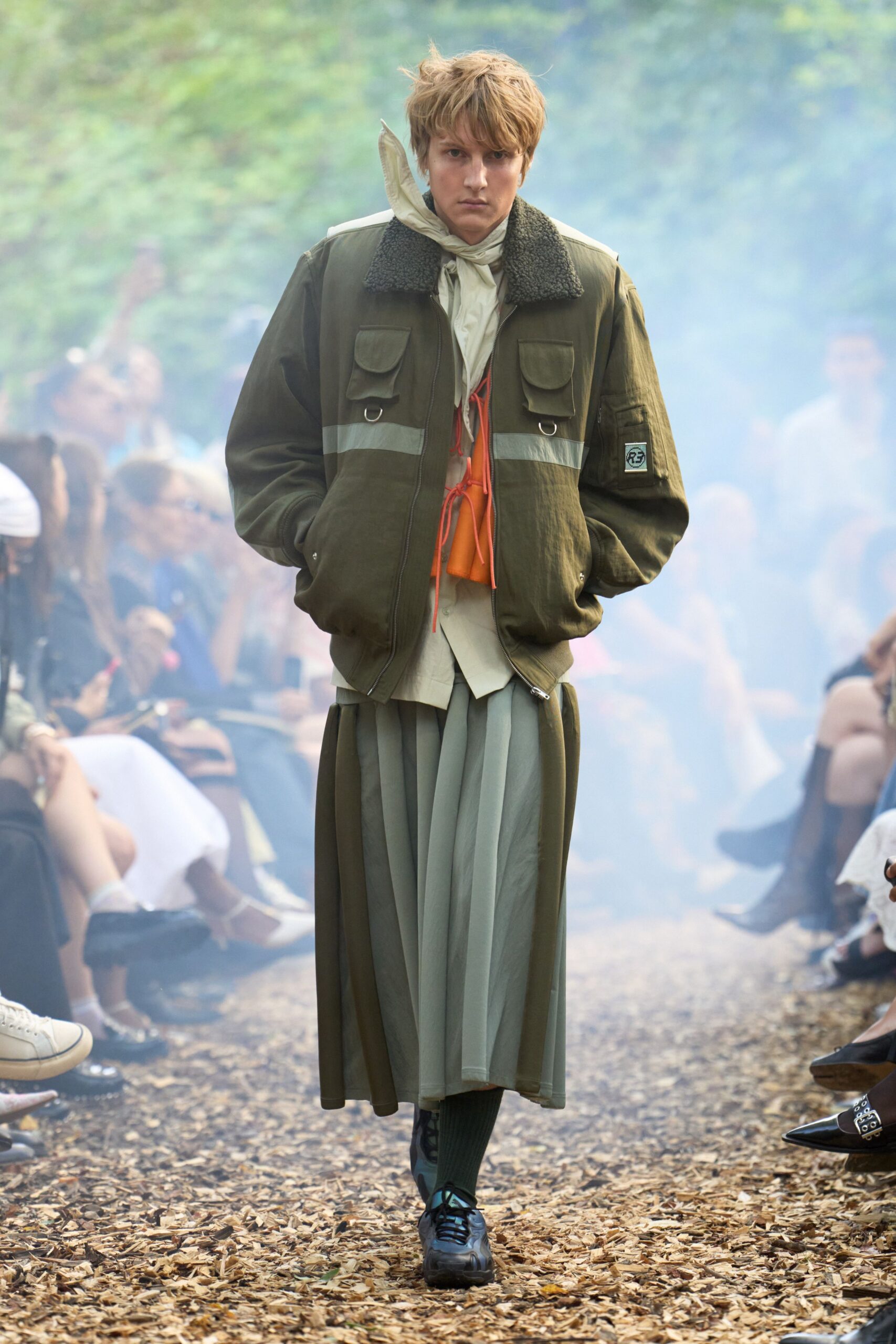 green relaxed jacket with pleated skirt