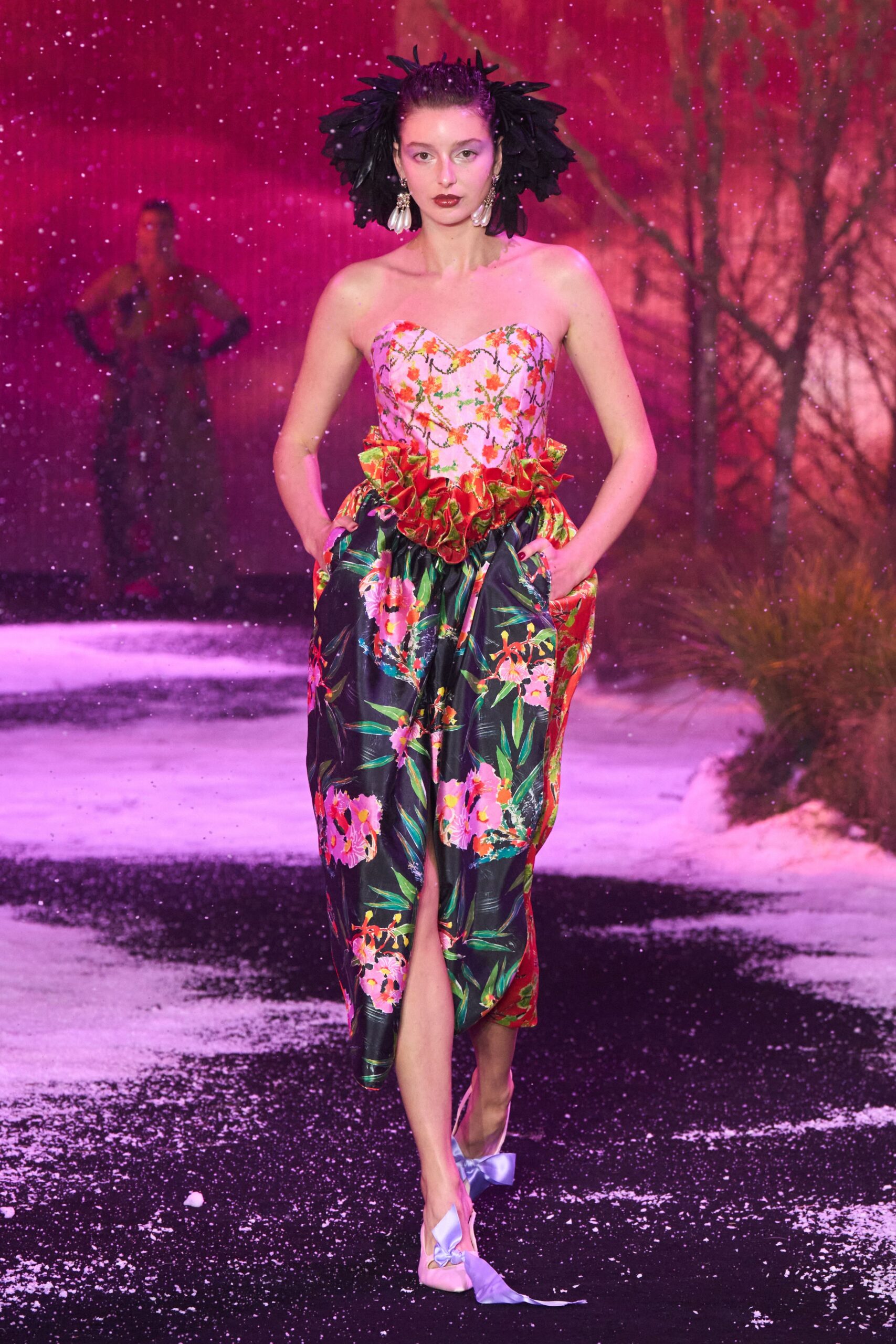 multi silk strapless fitted floral tiered midi dress