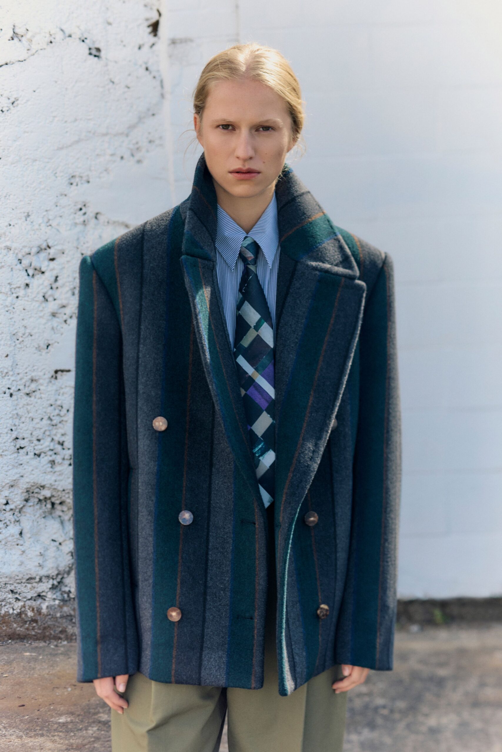 gray wool long-sleeve collared oversized striped jacket