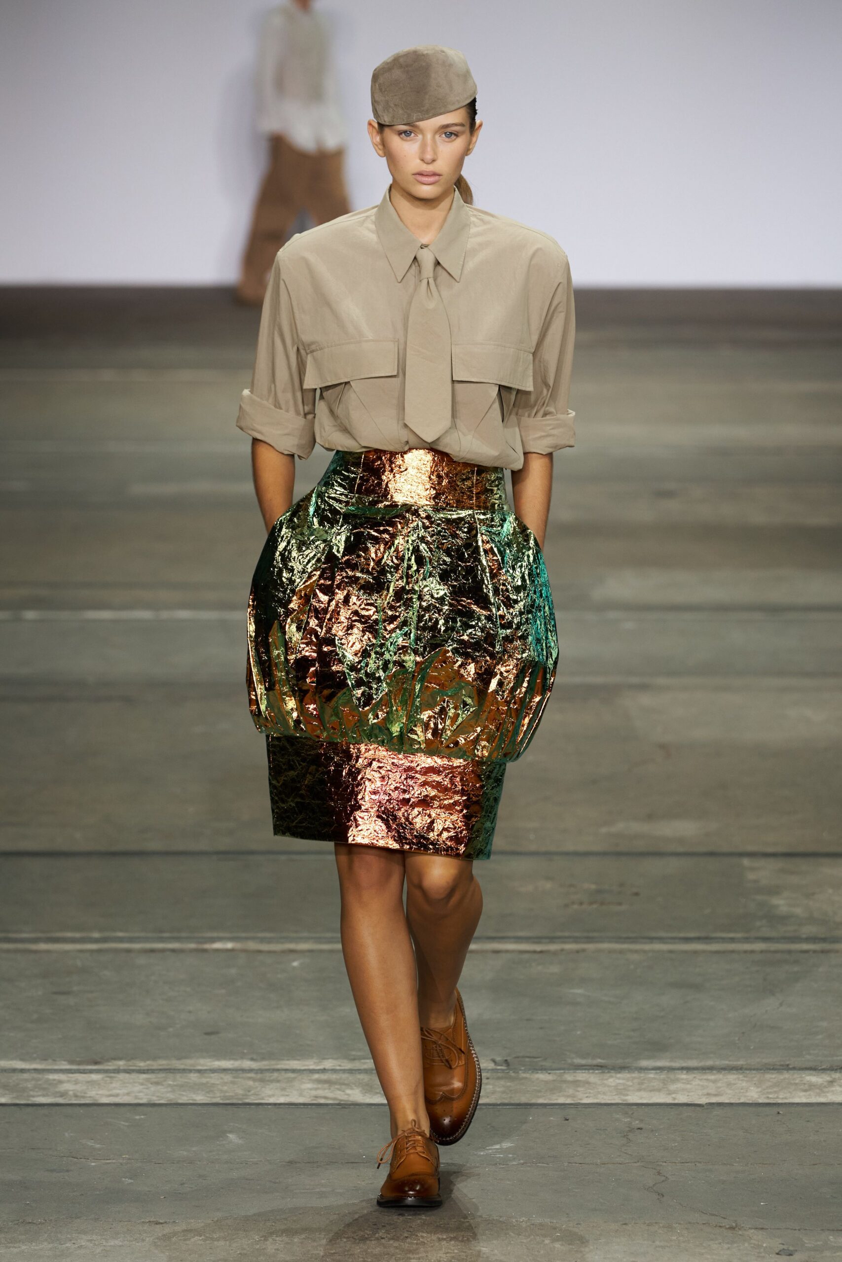 beige shirt multi metallic skirt