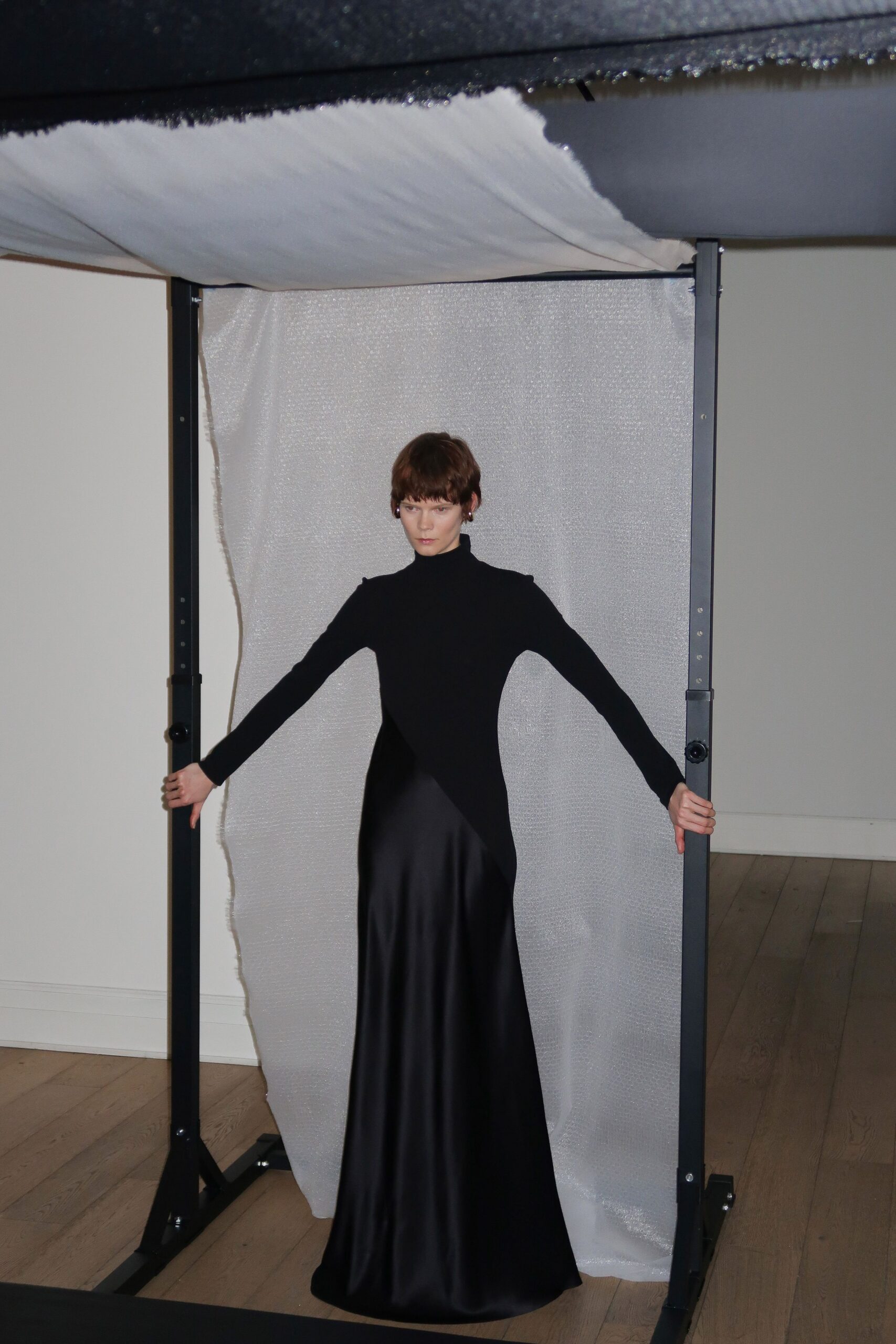black silk fitted gown