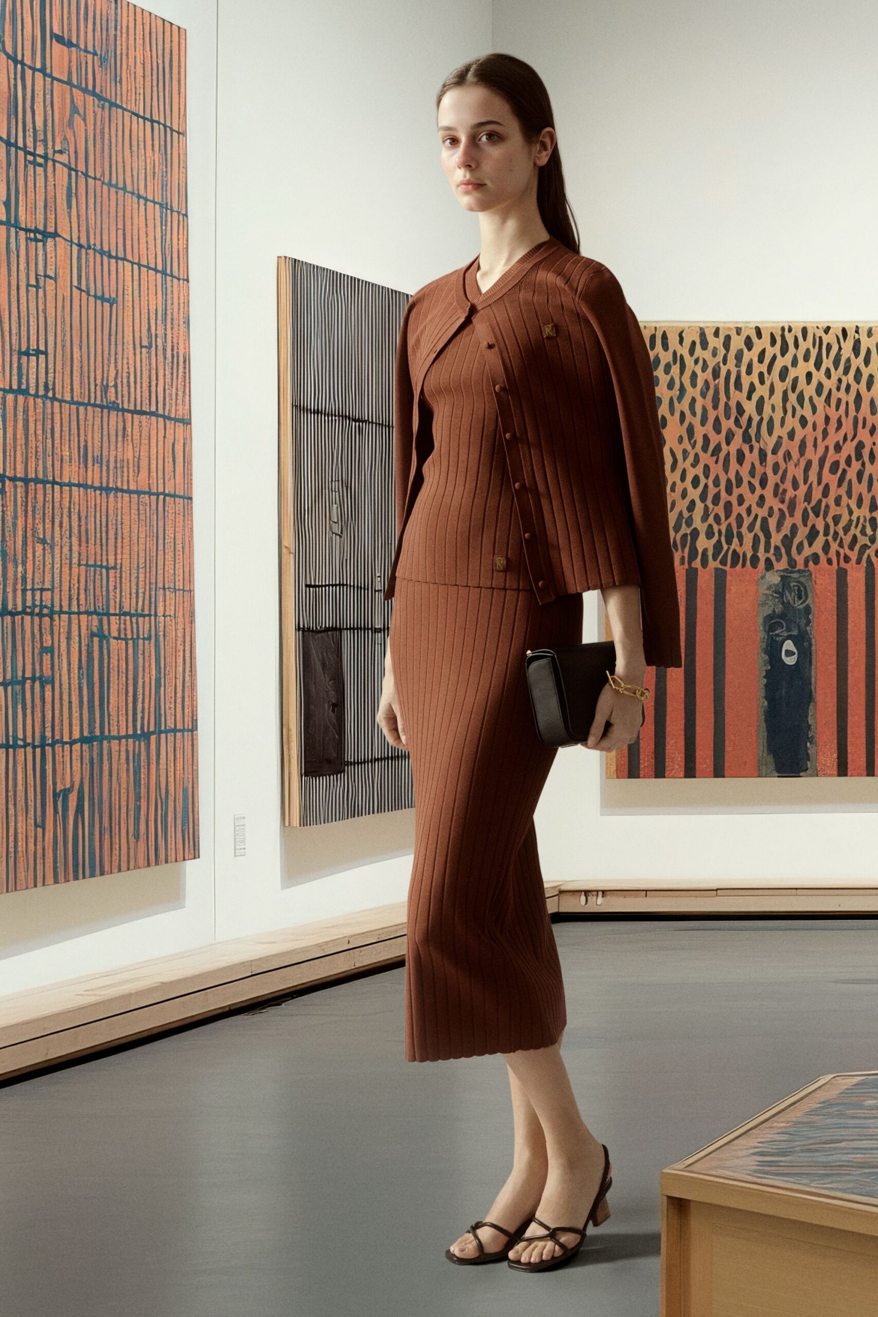 brown knit long-sleeve v-neck fitted ribbed buttoned dress