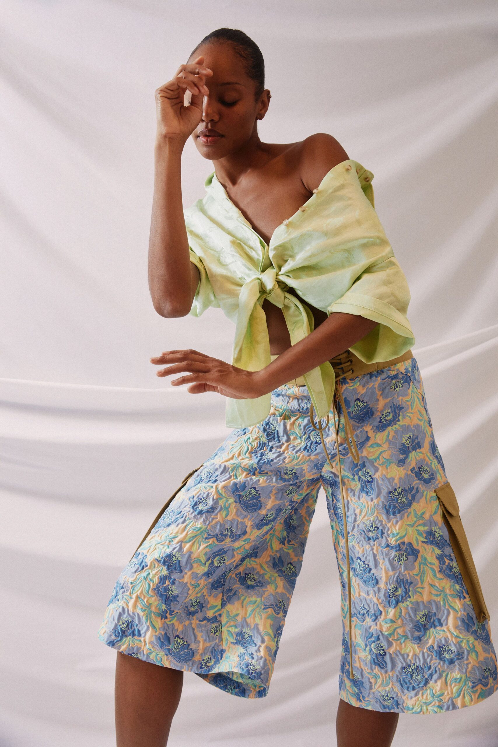 green silk off-shoulder relaxed draped top