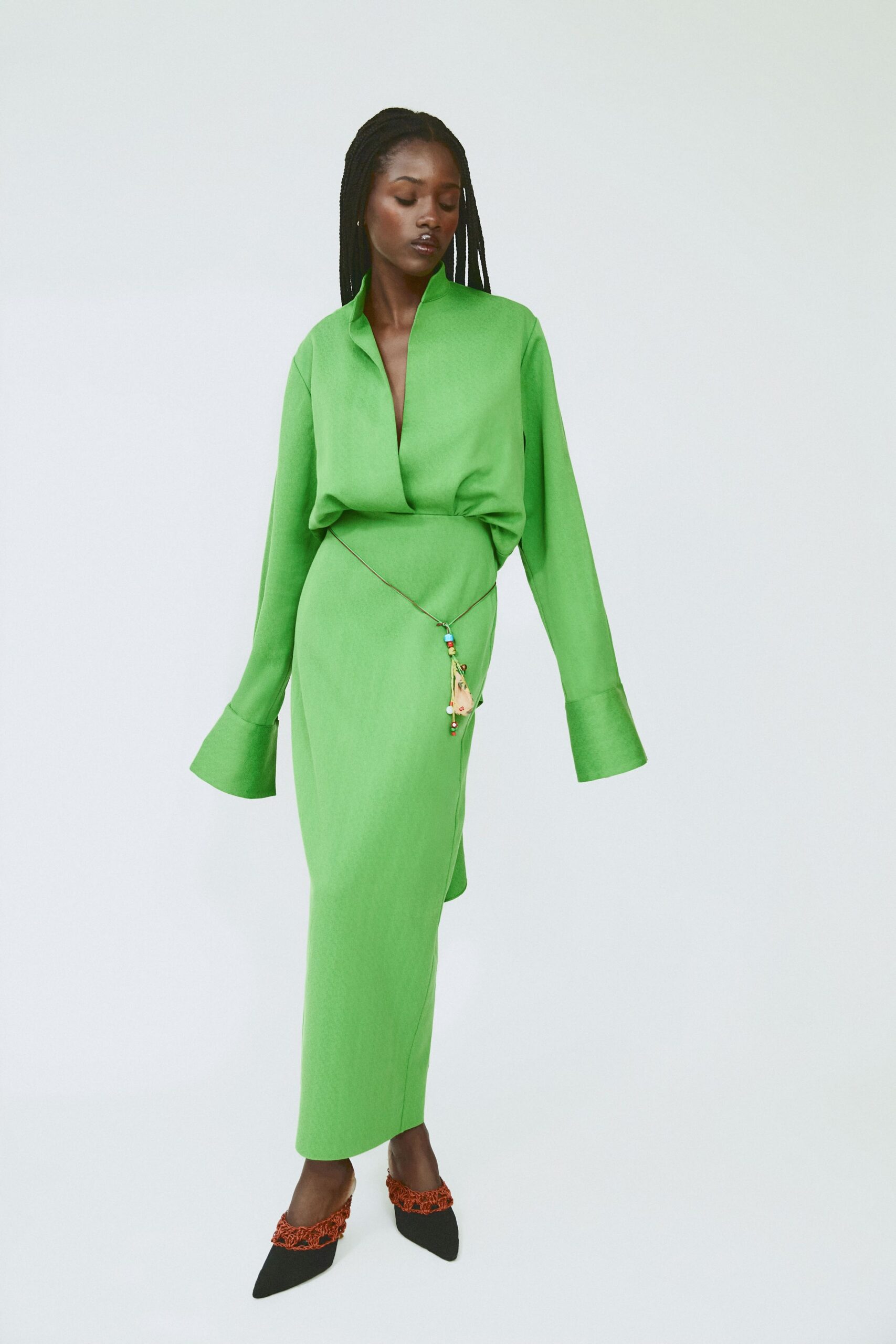 green silk long-sleeve v-neck fitted belted midi dress