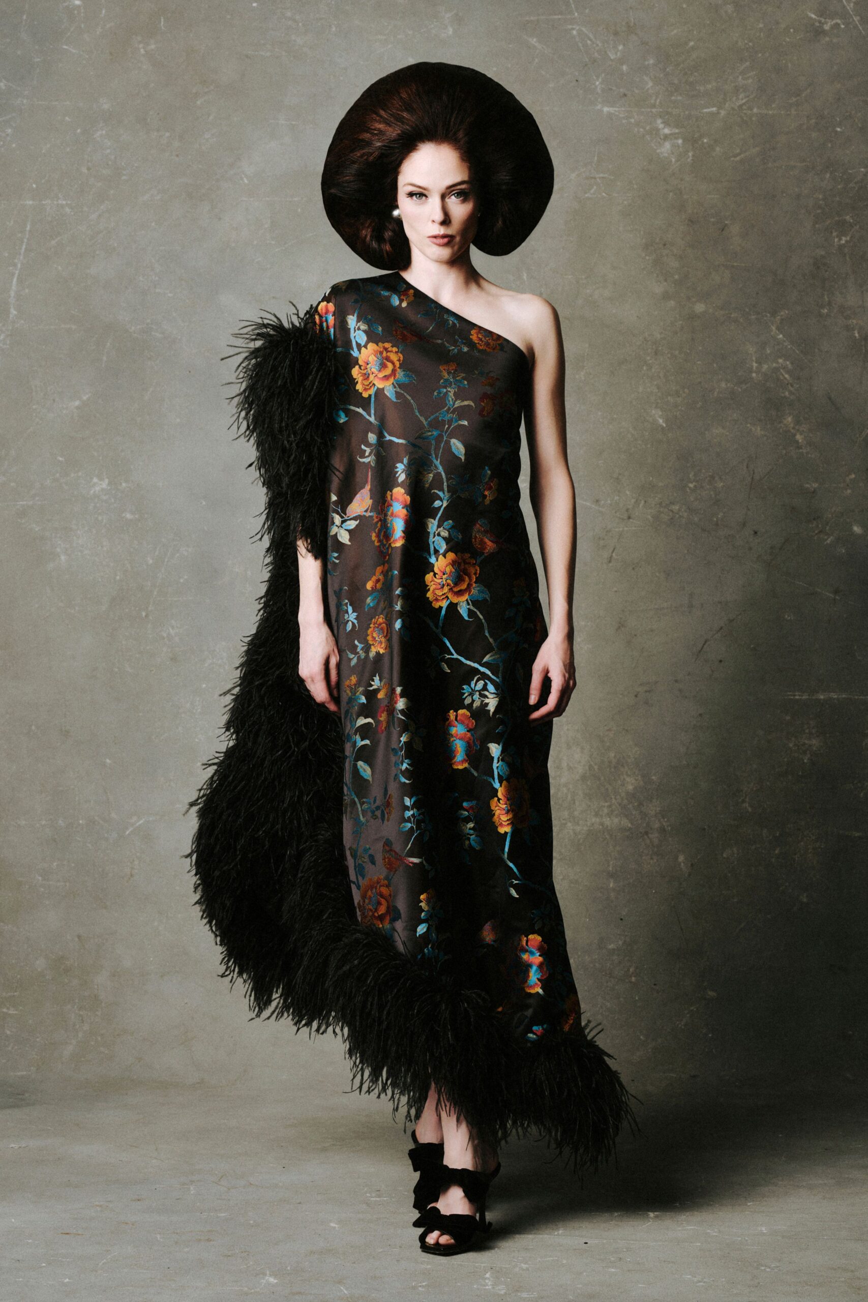 black floral gown with hat