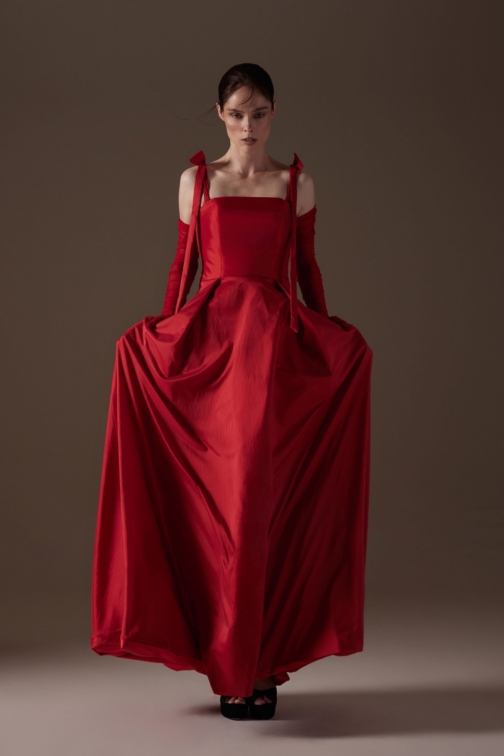 red silk long-sleeve fitted gloves