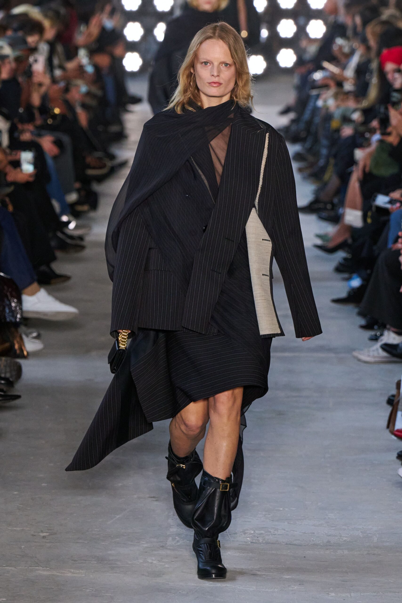 black midi dress with oversized coat
