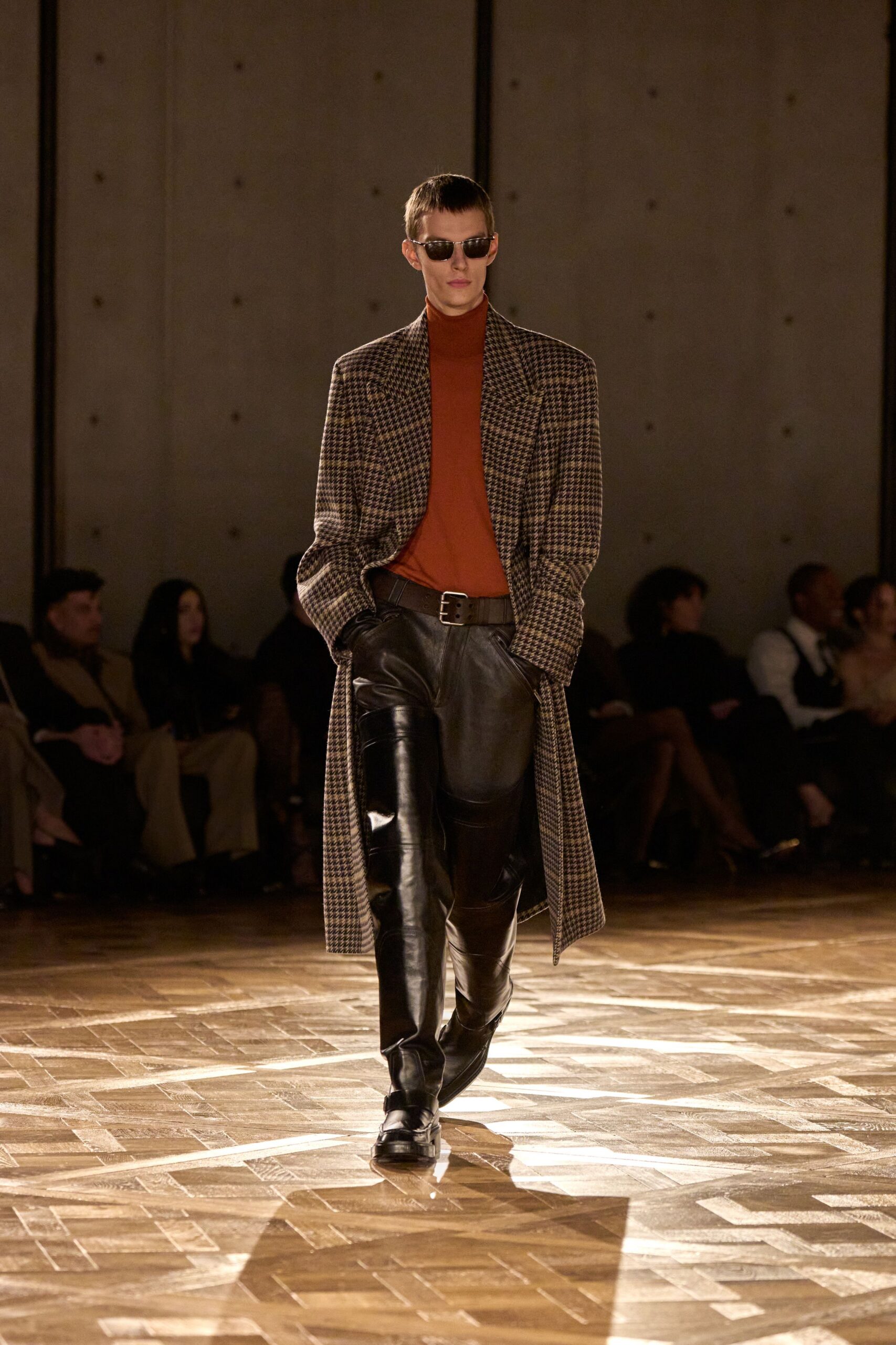 brown wool long-sleeve collared relaxed checked maxi coat