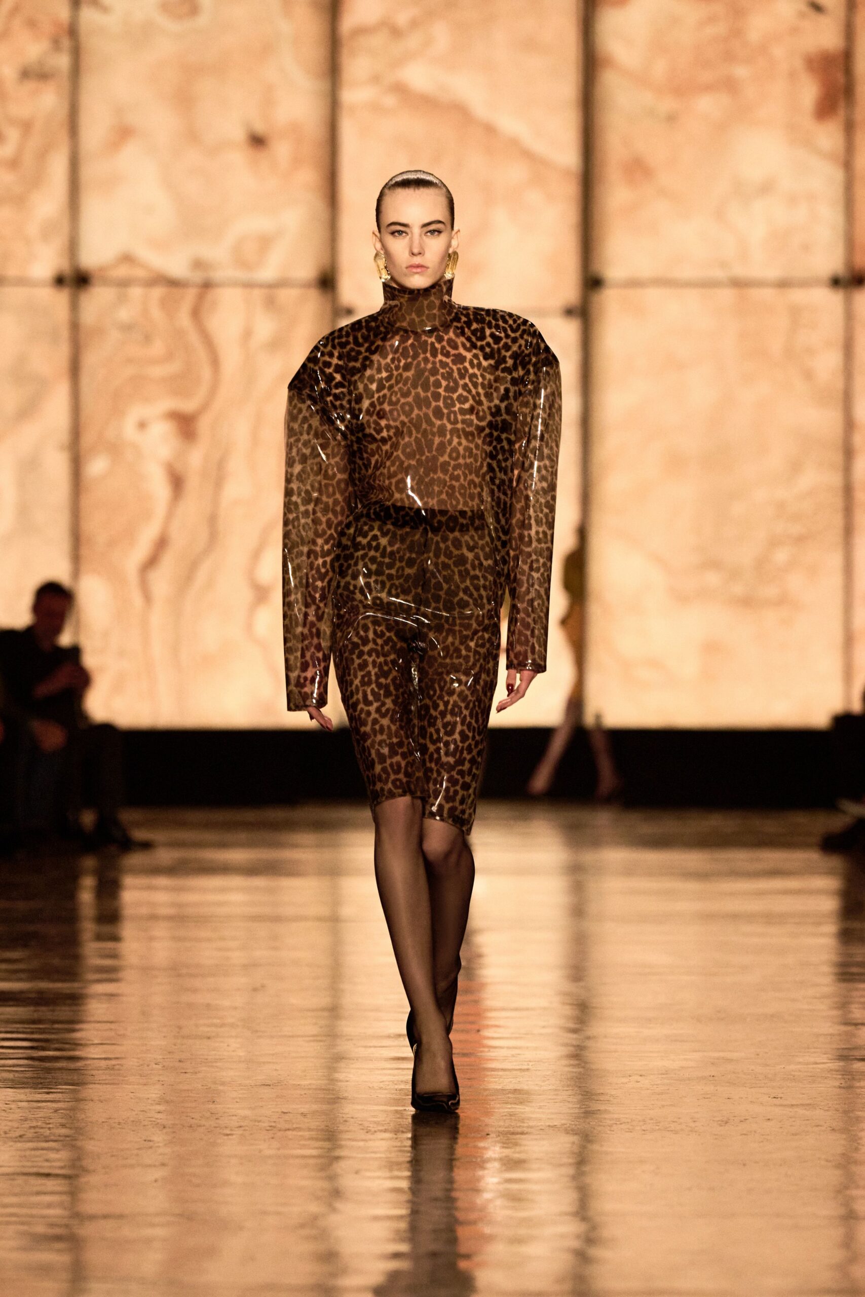 brown vinyl sleeveless high-neck fitted animal-print catsuit